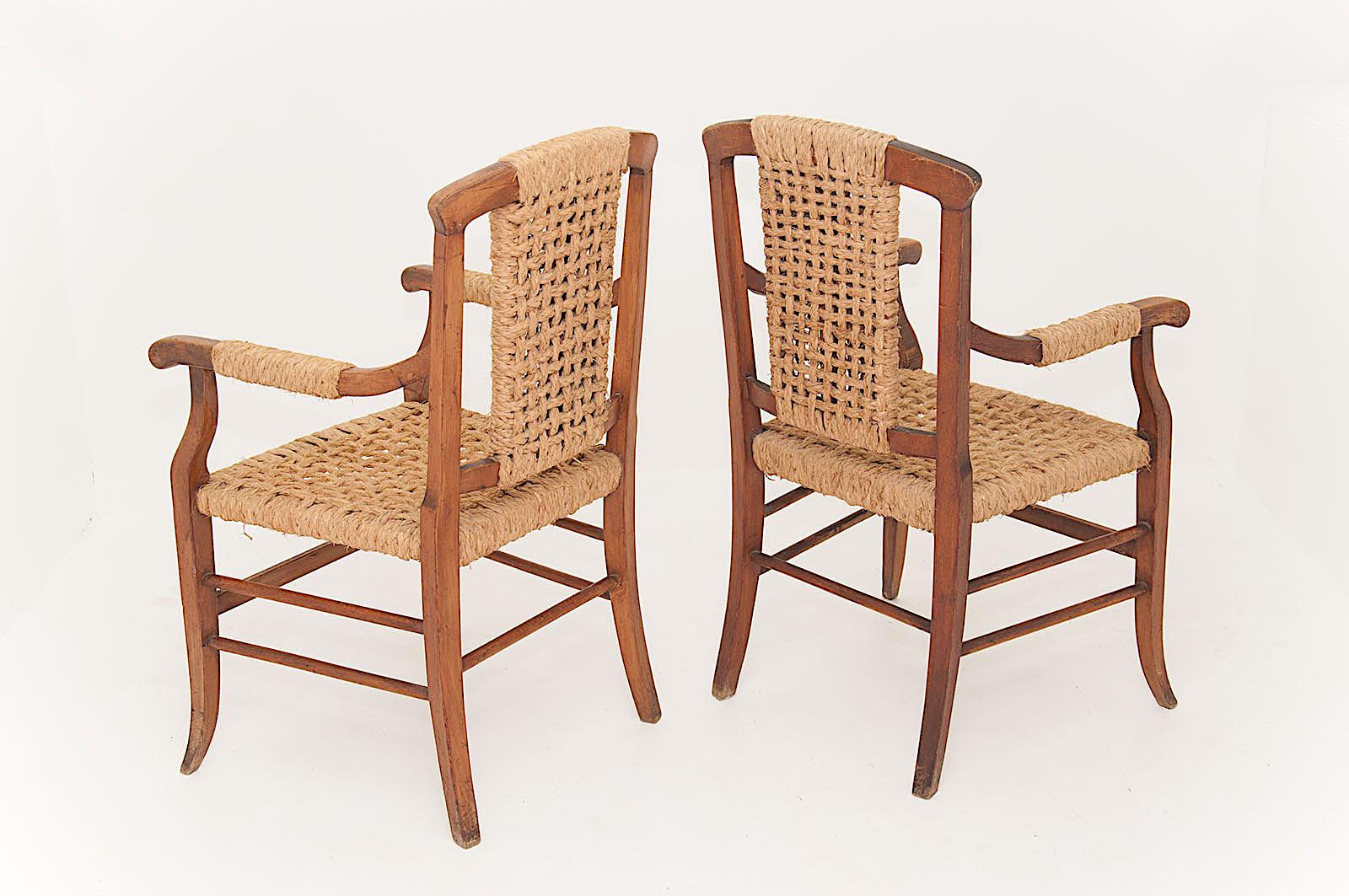 Audoux Minet Attributed, Pair of Oak and Rope Armchairs, France, 1950 2