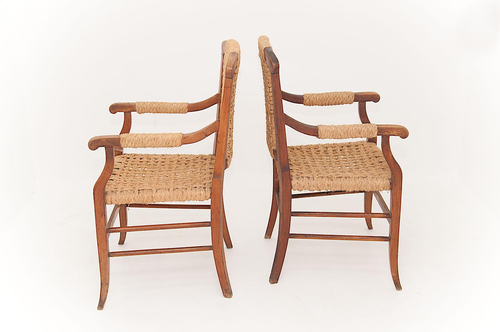 Audoux Minet Attributed, Pair of Oak and Rope Armchairs, France, 1950 3