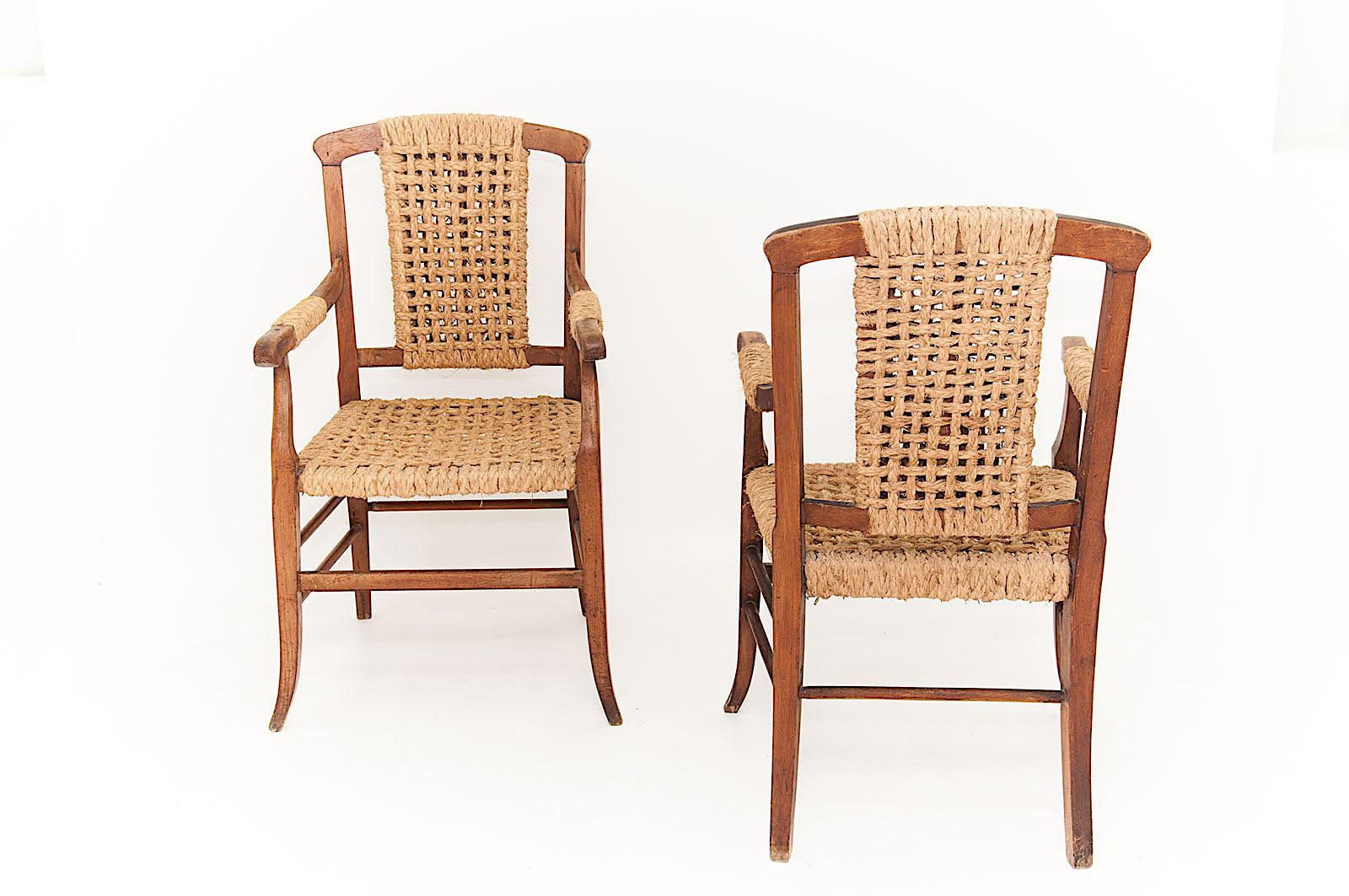 Audoux Minet Attributed, Pair of Oak and Rope Armchairs, France, 1950 5