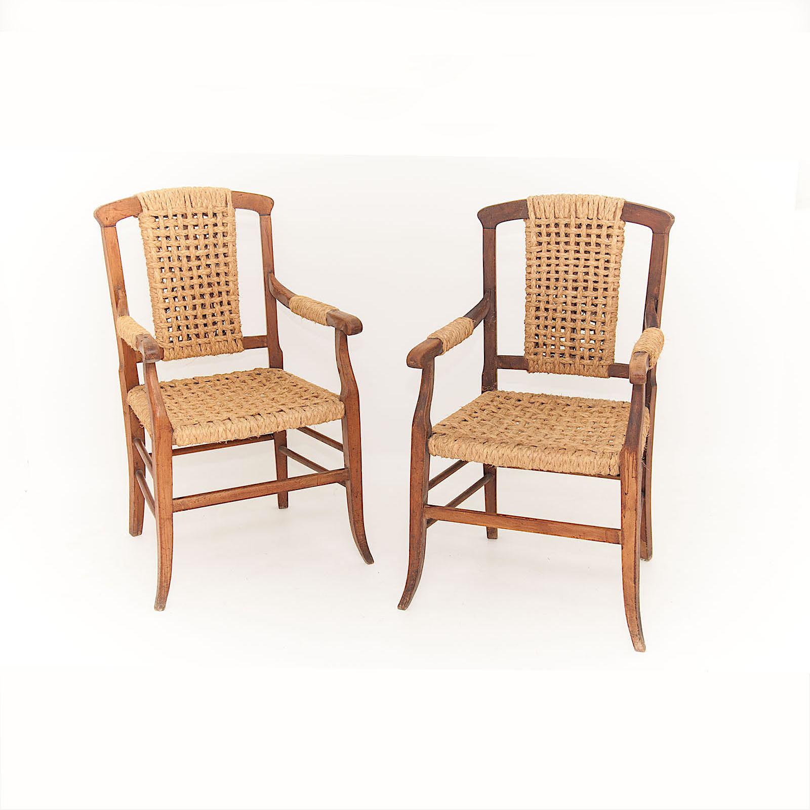 Audoux Minet Attributed, Pair of Oak and Rope Armchairs, France, 1950 7