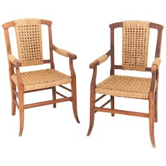 Audoux Minet Attributed, Pair of Oak and Rope Armchairs, France, 1950