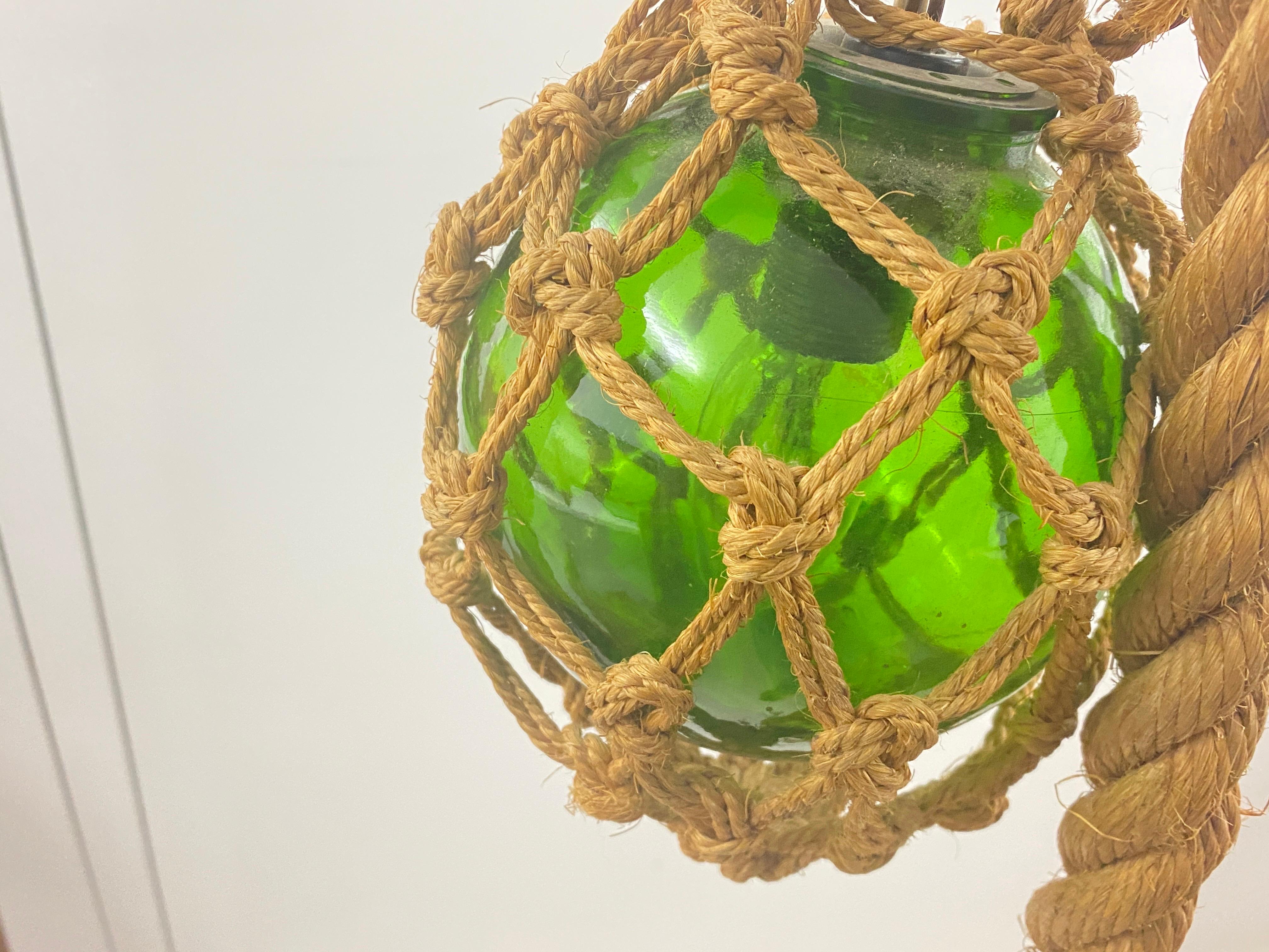 Audoux Minet Attributed Rope Ceilling Light 2 Green Glass balls France, 1950 For Sale 6