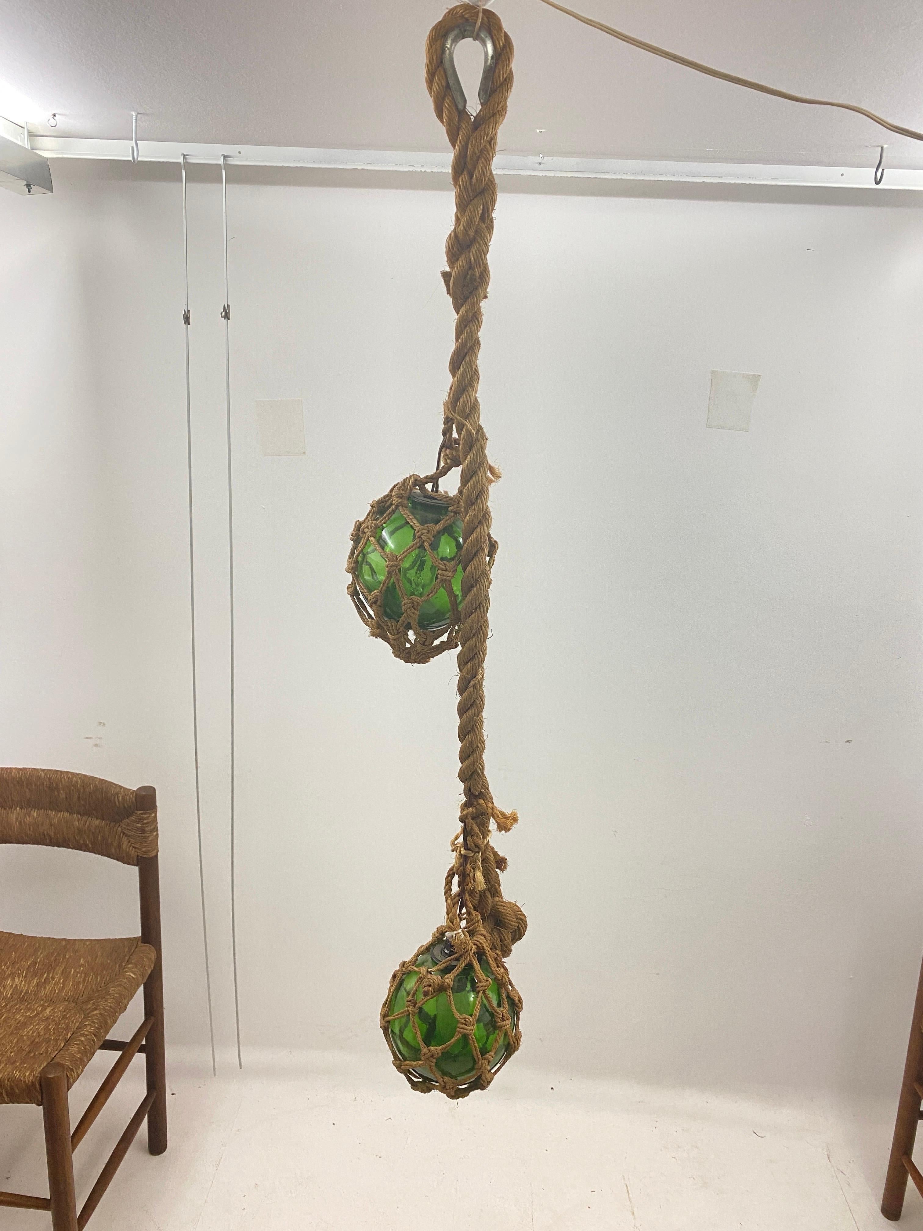 Audoux Minet Attributed Rope Ceilling Light 2 Green Glass balls France, 1950 For Sale 7