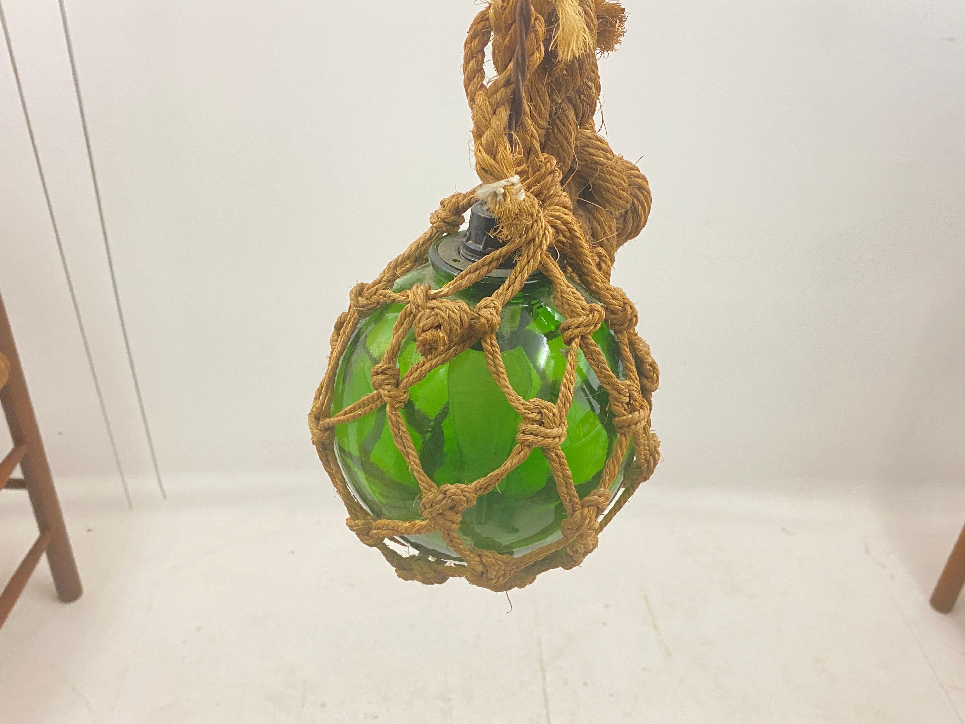 Audoux Minet Attributed Rope Ceilling Light 2 Green Glass balls France, 1950 For Sale 8