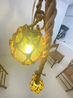 Audoux Minet Attributed Rope Ceilling Light 2 Green Glass balls France, 1950