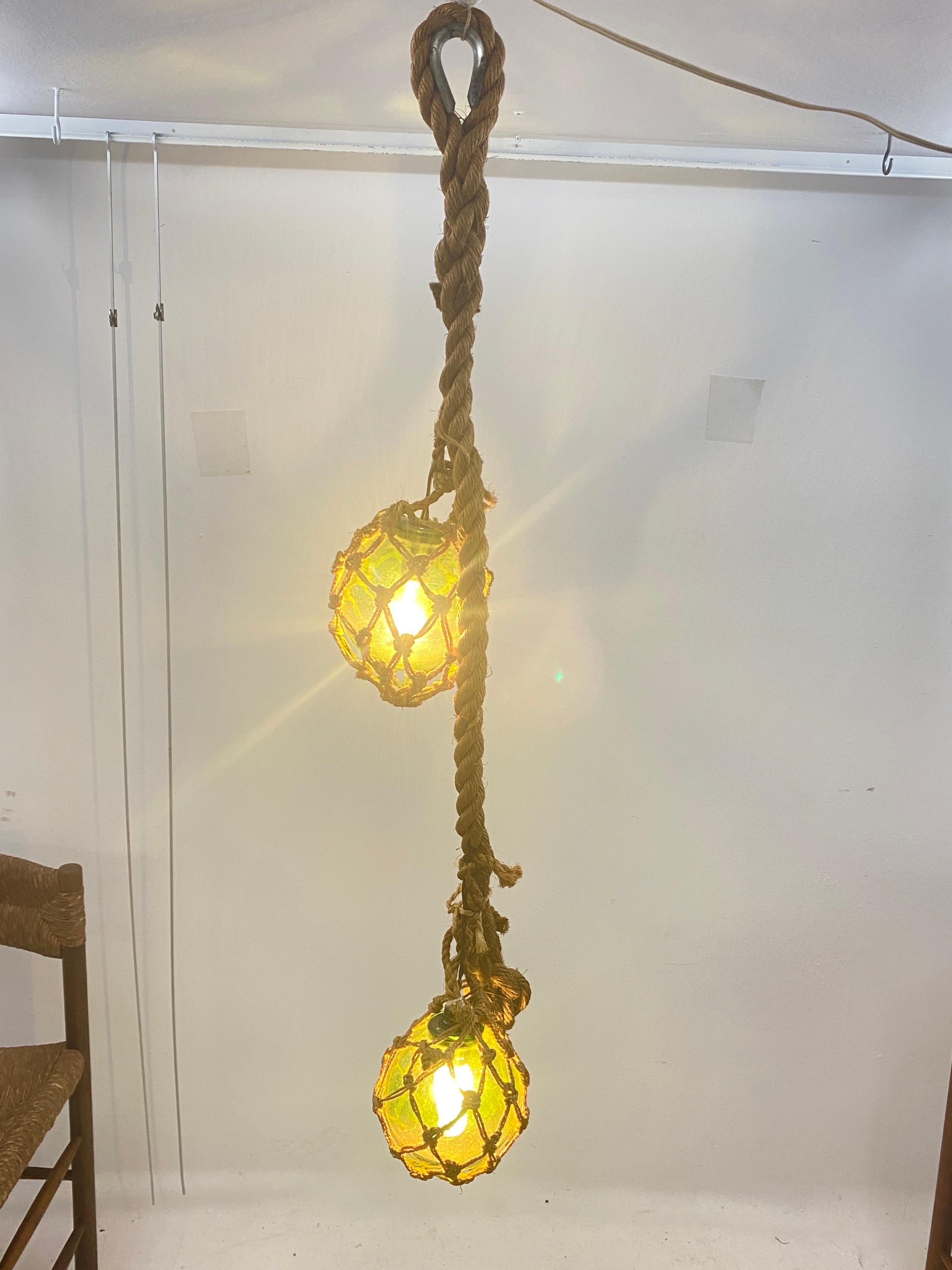 Mid-20th Century Audoux Minet Attributed Rope Ceilling Light 2 Green Glass balls France, 1950 For Sale