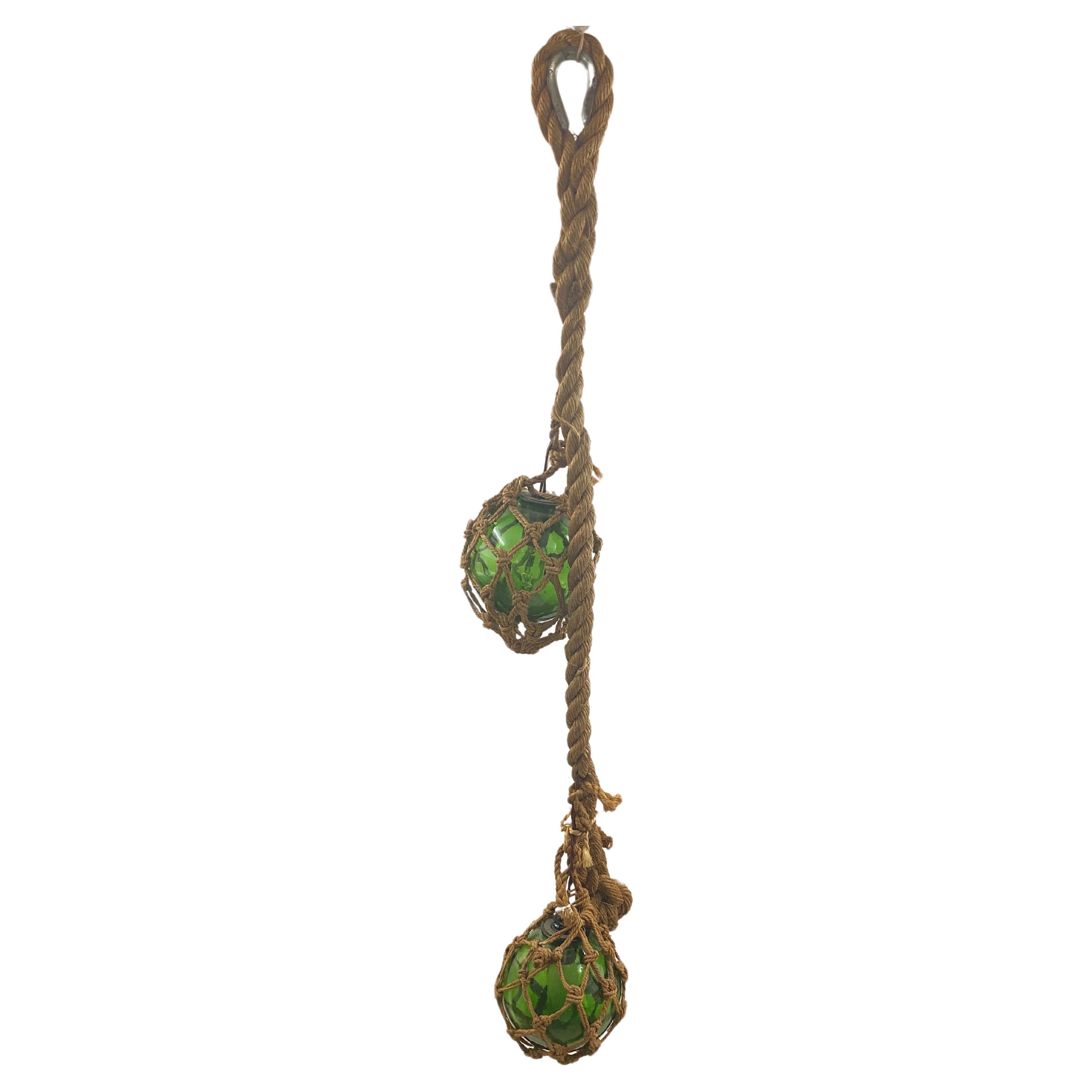 Audoux Minet Attributed Rope Ceilling Light 2 Green Glass balls France, 1950 For Sale