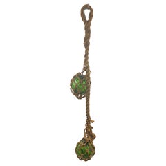 Audoux Minet Attribué Rope Ceilling Light 2 Green Glass balls France, 1950