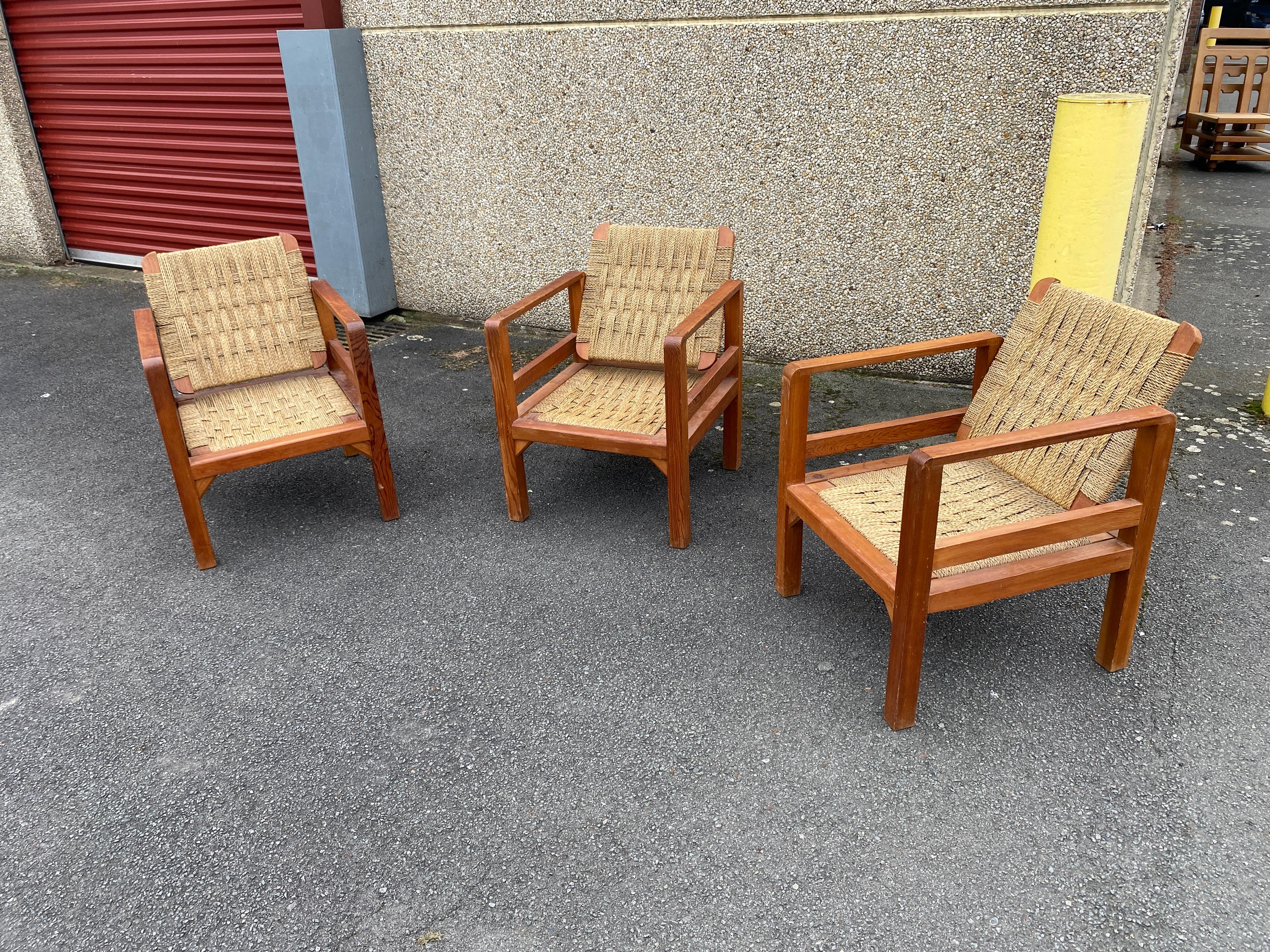 20th Century Audoux-Minet (attributed to ),   3 armchairs  circa 1950 For Sale