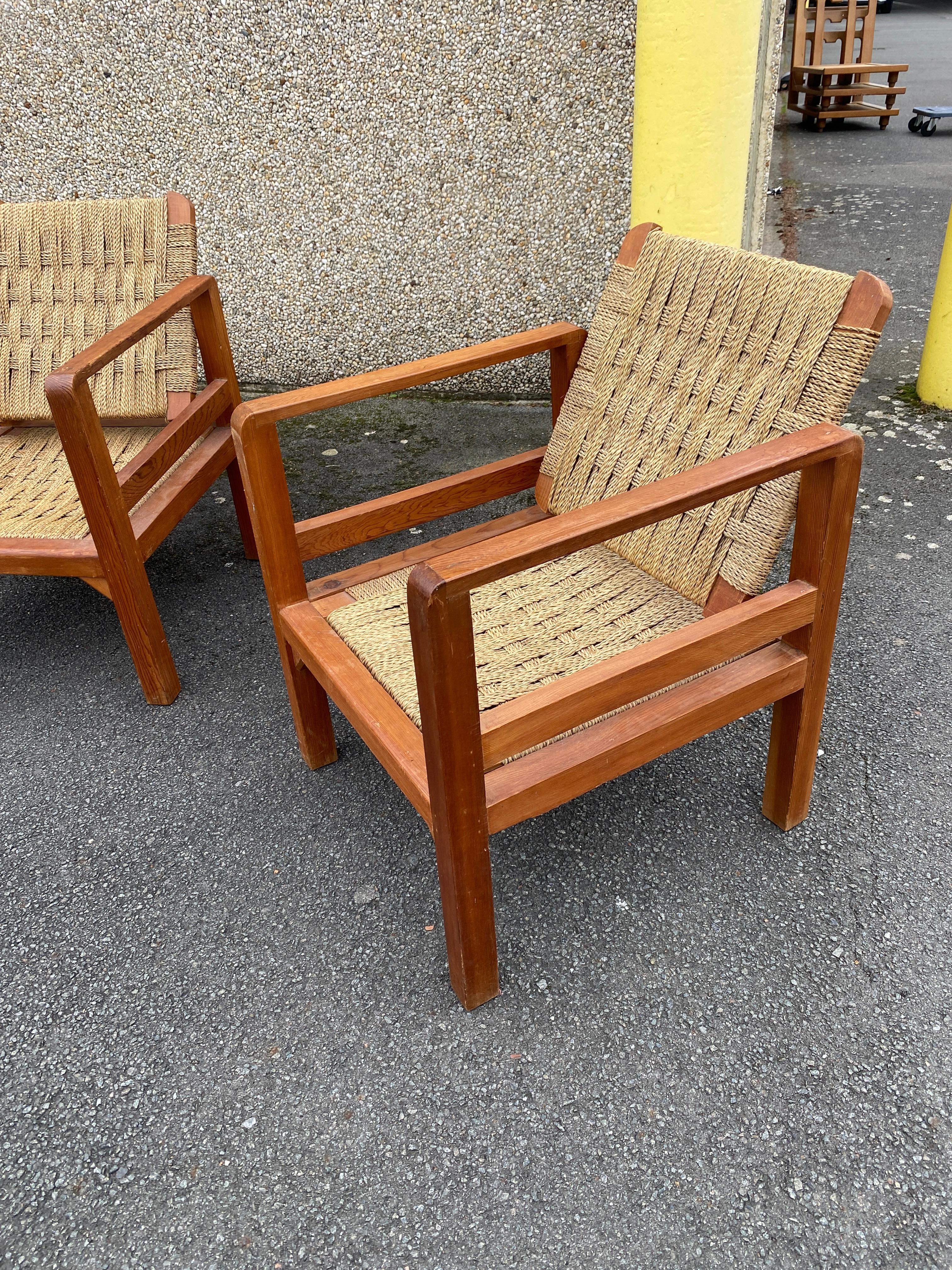 Rope Audoux-Minet (attributed to ),   3 armchairs  circa 1950 For Sale
