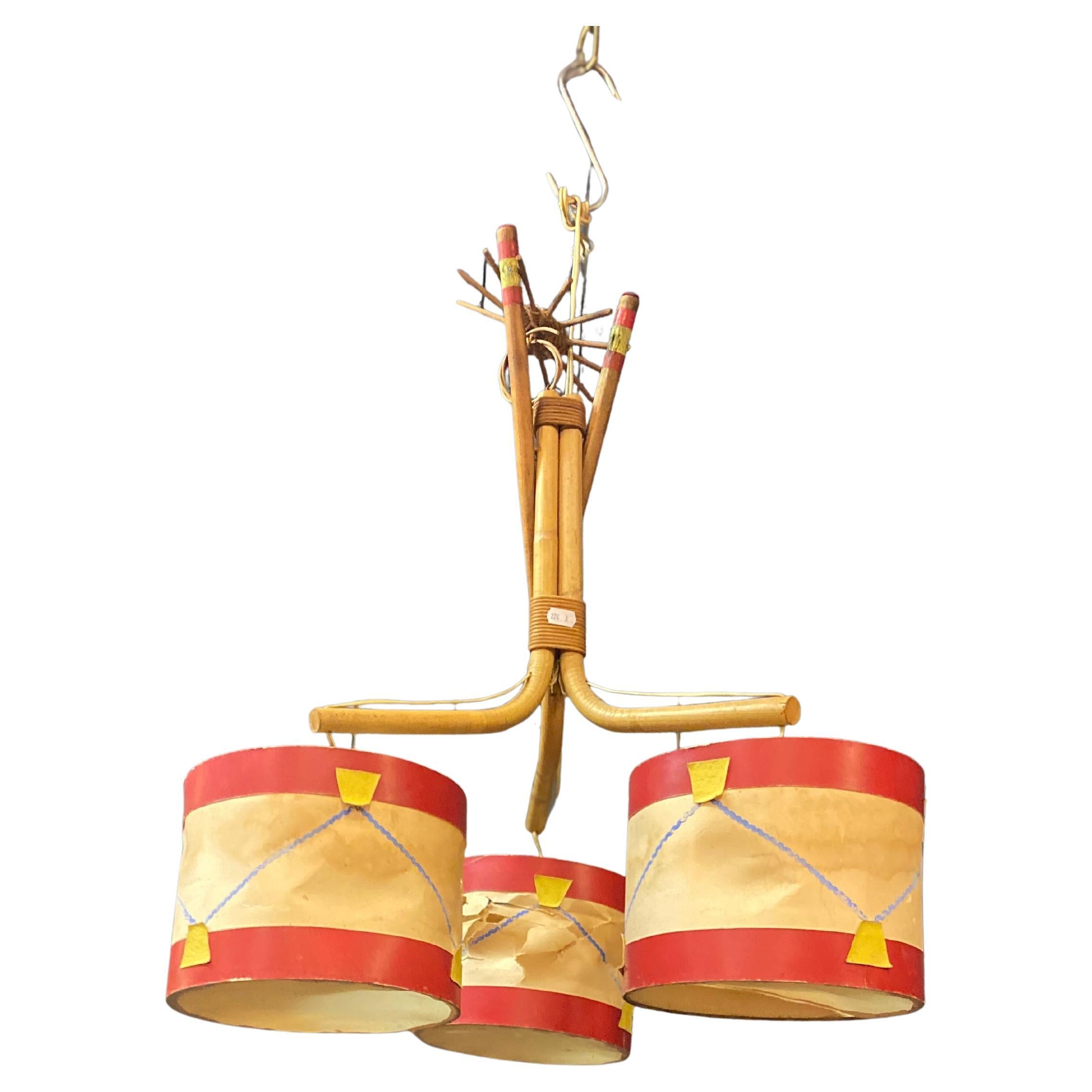 Audoux-Minet Bamboo chandelier with drum-shaped lampshades.circa 1950 For Sale