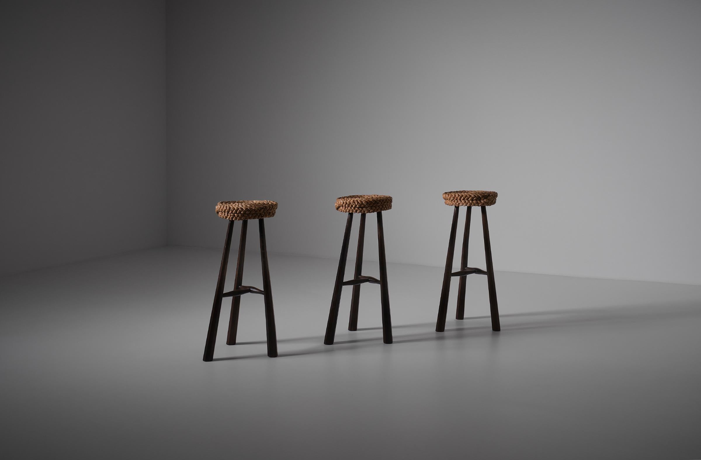 French Audoux & Minet Bar Stools, France 1950s, Set of Three