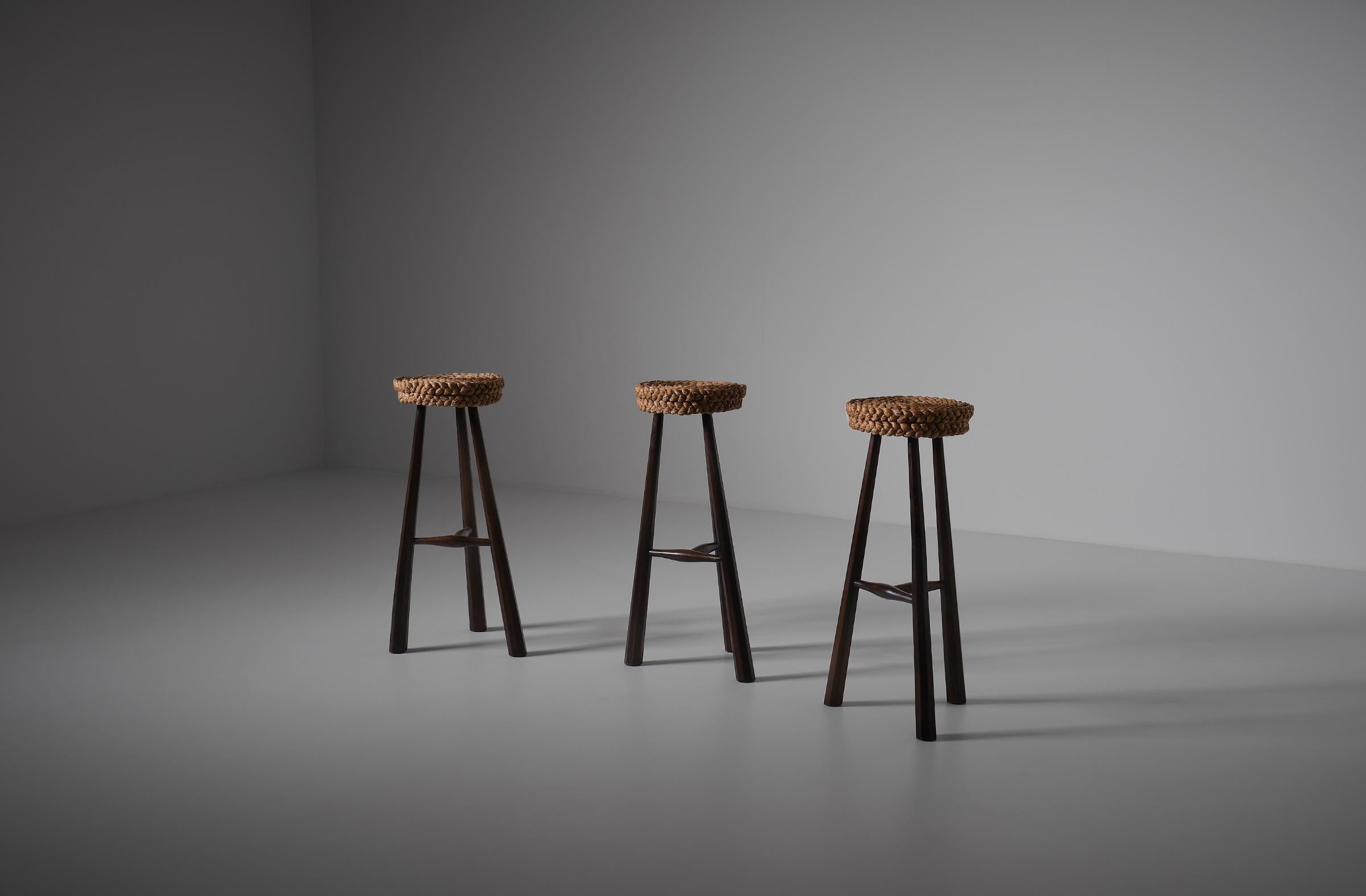 Rope Audoux & Minet Bar Stools, France 1950s, Set of Three