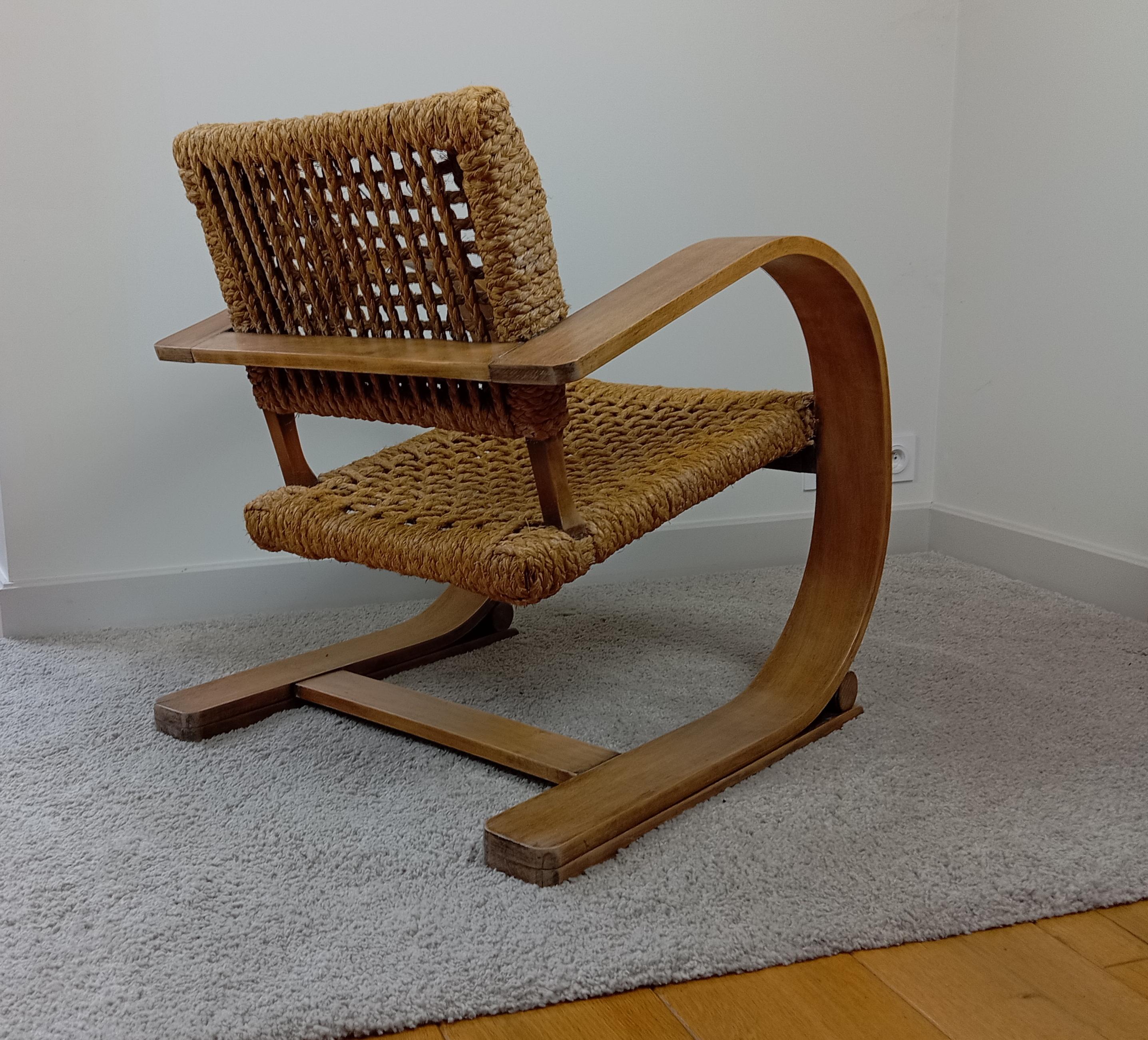 French Audoux Minet beech and rope armchair Vibo Vesoul edition 1950