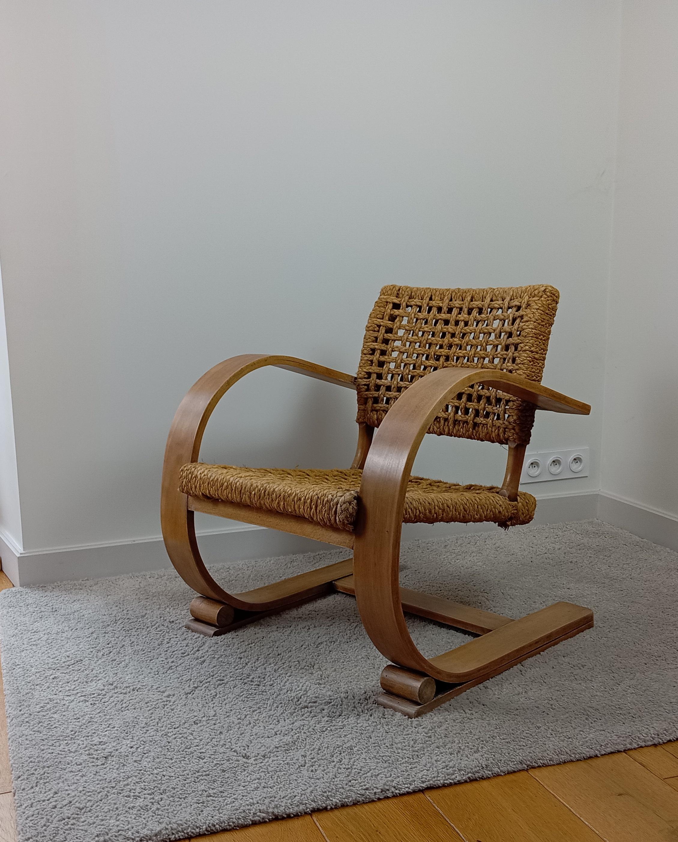 Audoux Minet beech and rope armchair Vibo Vesoul edition 1950 In Excellent Condition In Saint-Ouen, FR