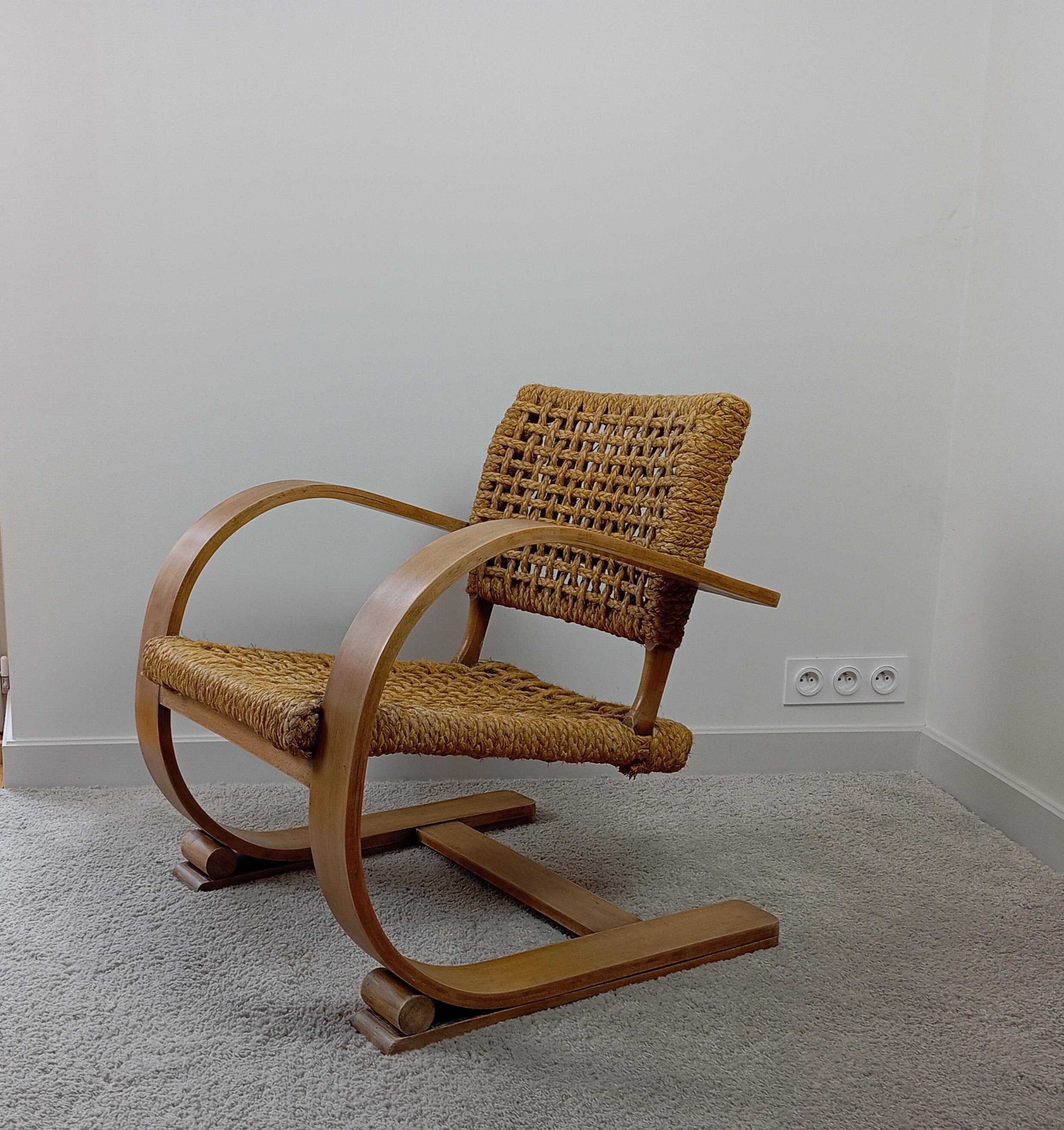 Audoux Minet beech and rope armchair Vibo Vesoul edition 1950 2