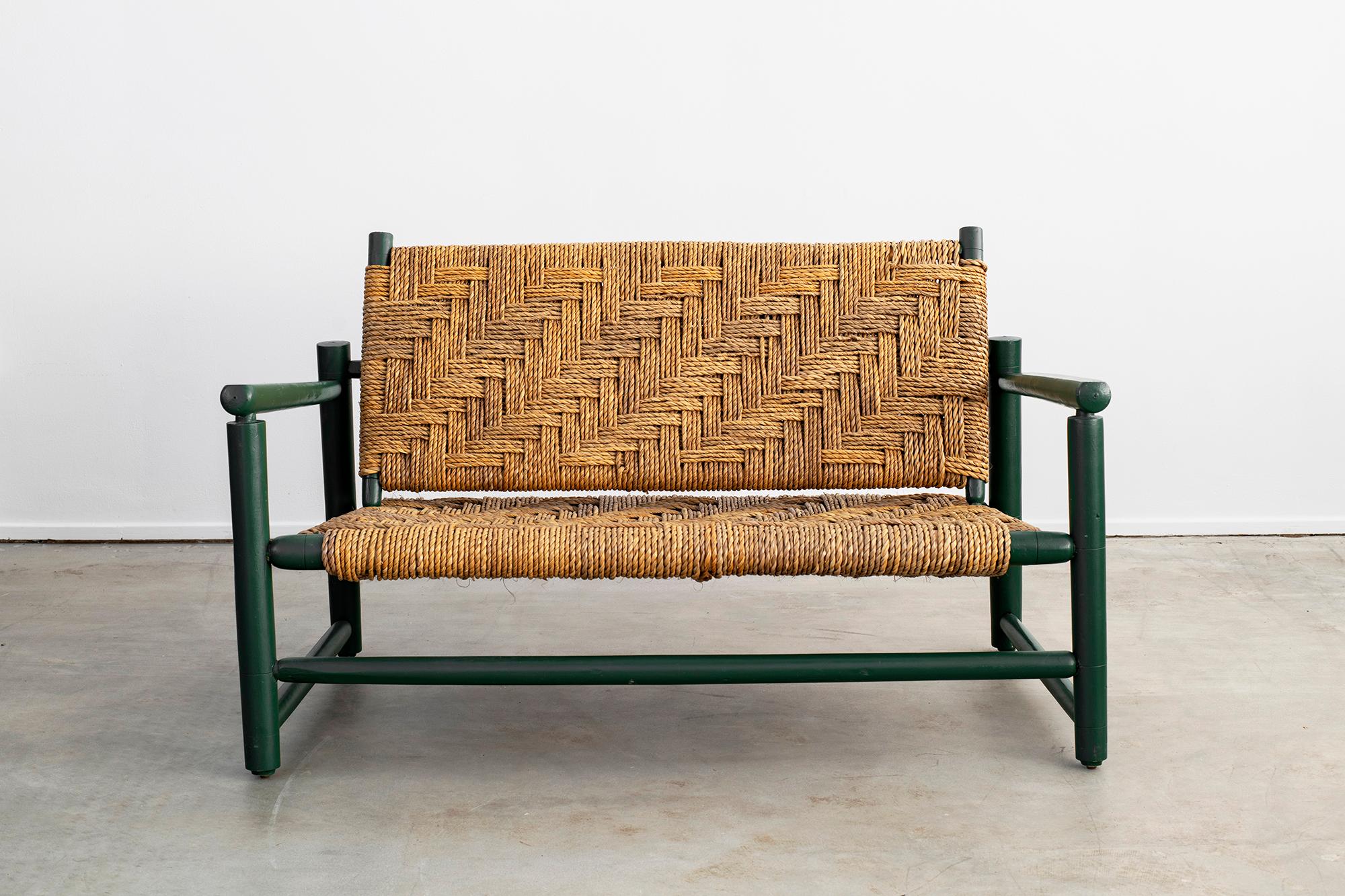 Audoux Minet bench with woven rope seat and back.
Wonderful patina with fantastic original green stained wood with patina.  






    