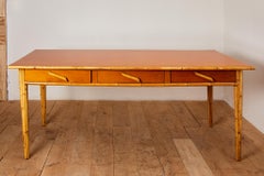 Audoux-Minet, Large flat desk with three drawer, wood and bamboo, circa 1970.