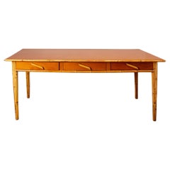 Audoux-Minet, Large flat desk with three drawer, wood and bamboo, circa 1970.