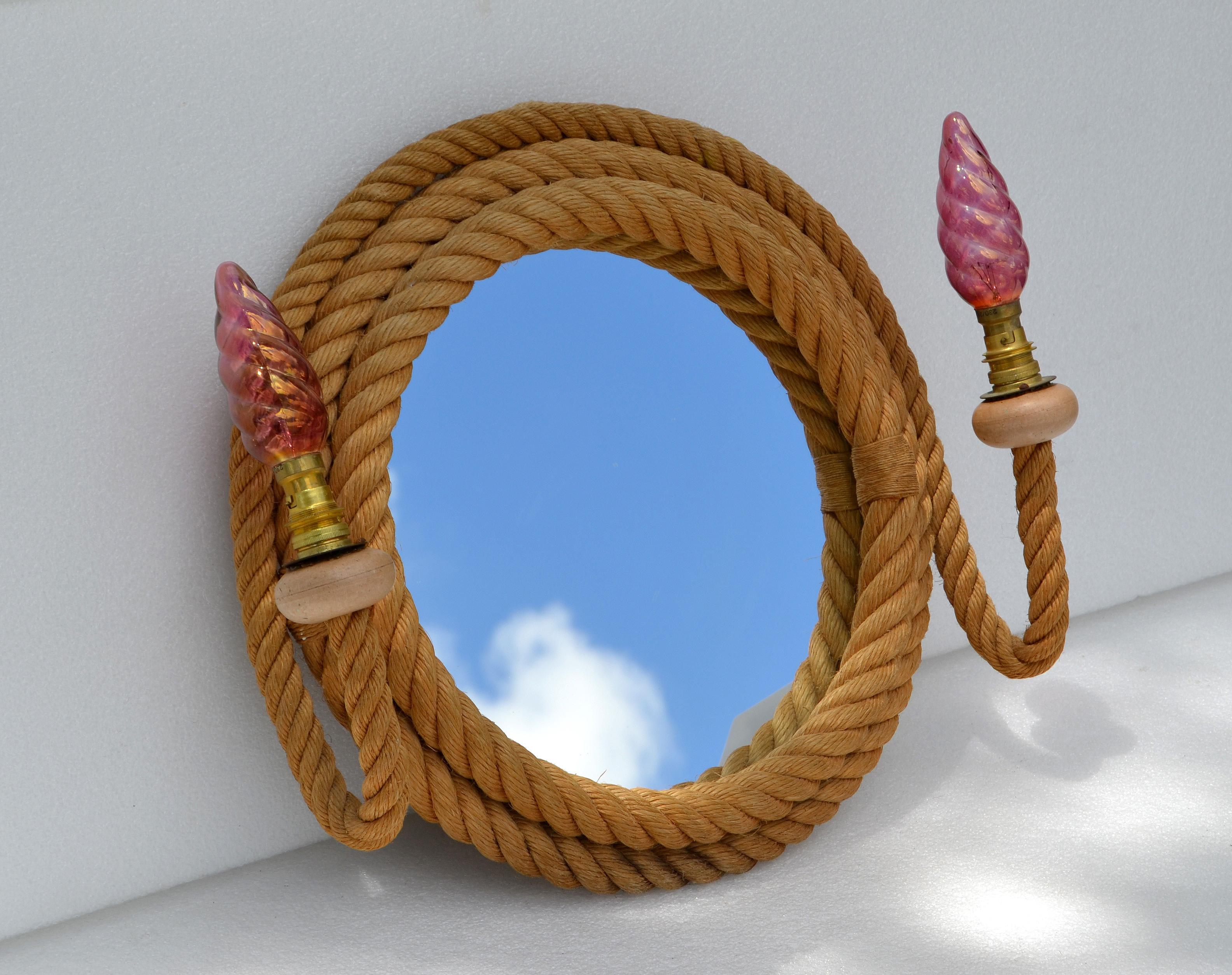 Francese Audoux & Minet Sconce nautiche a 2 luci con specchio rotondo Francia 1960 Medioevo in vendita
