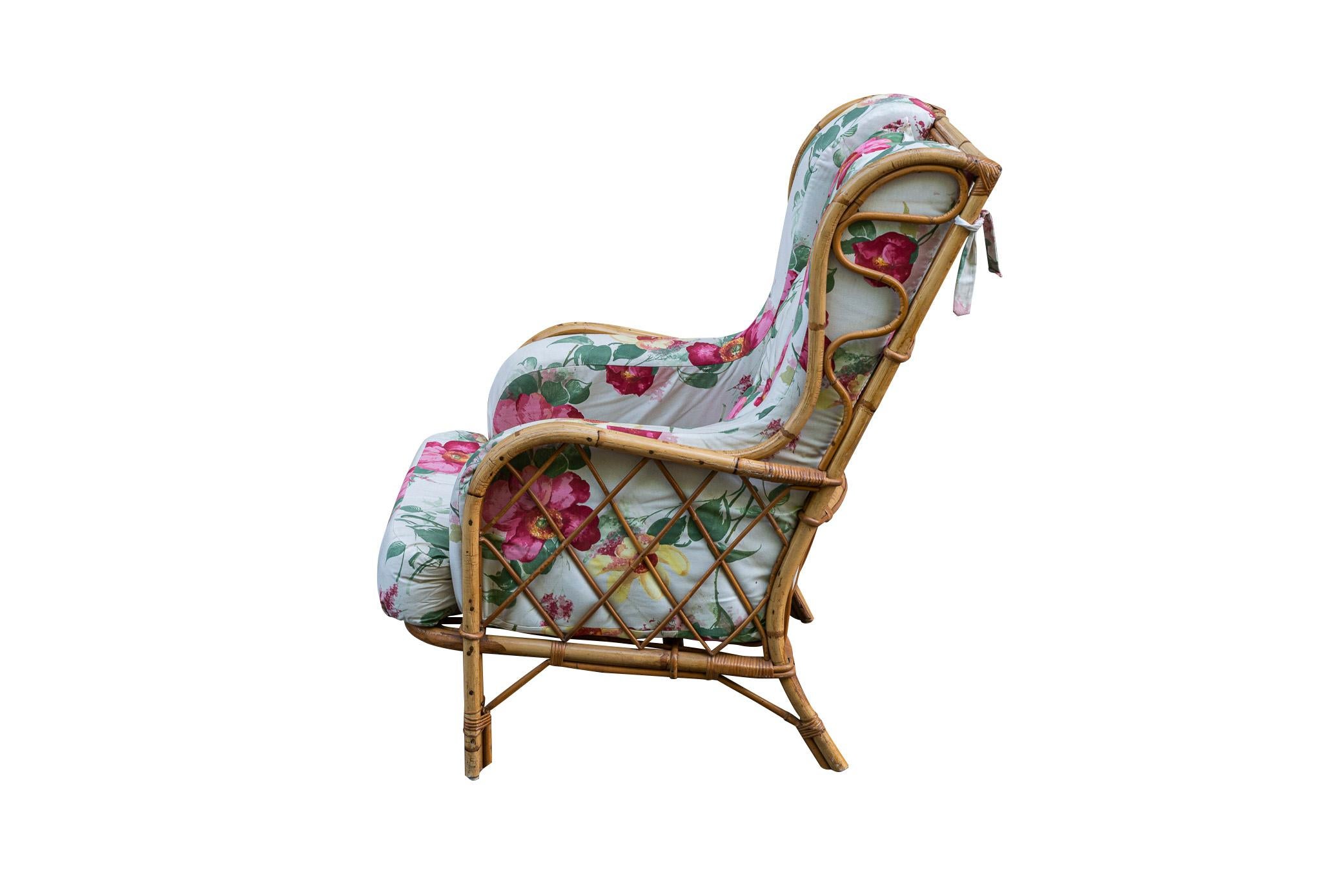French Audoux-Minet, Pair of Bergere Chairs and Ottoman, France, circa 1960