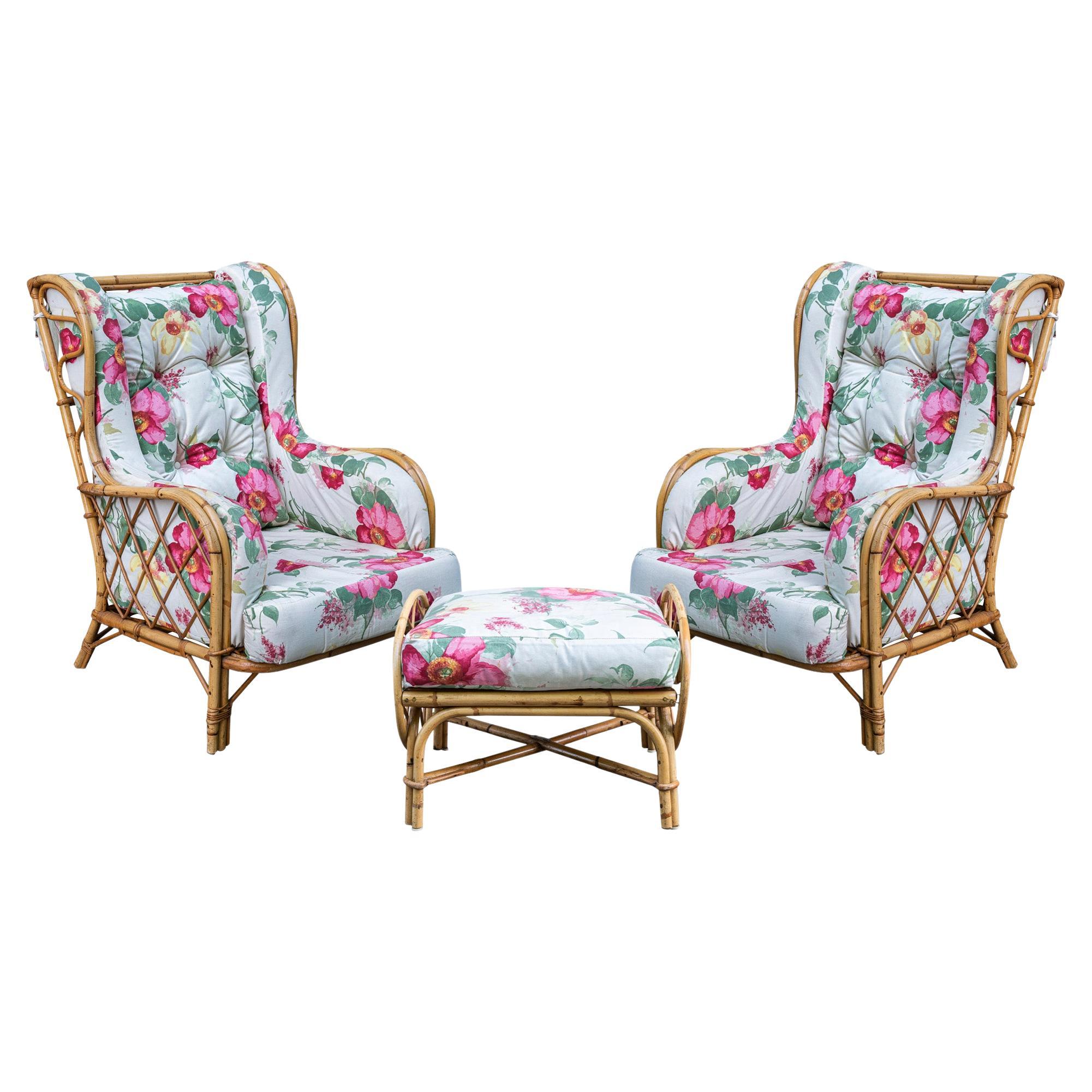 Audoux-Minet, Pair of Bergere Chairs and Ottoman, France, circa 1960