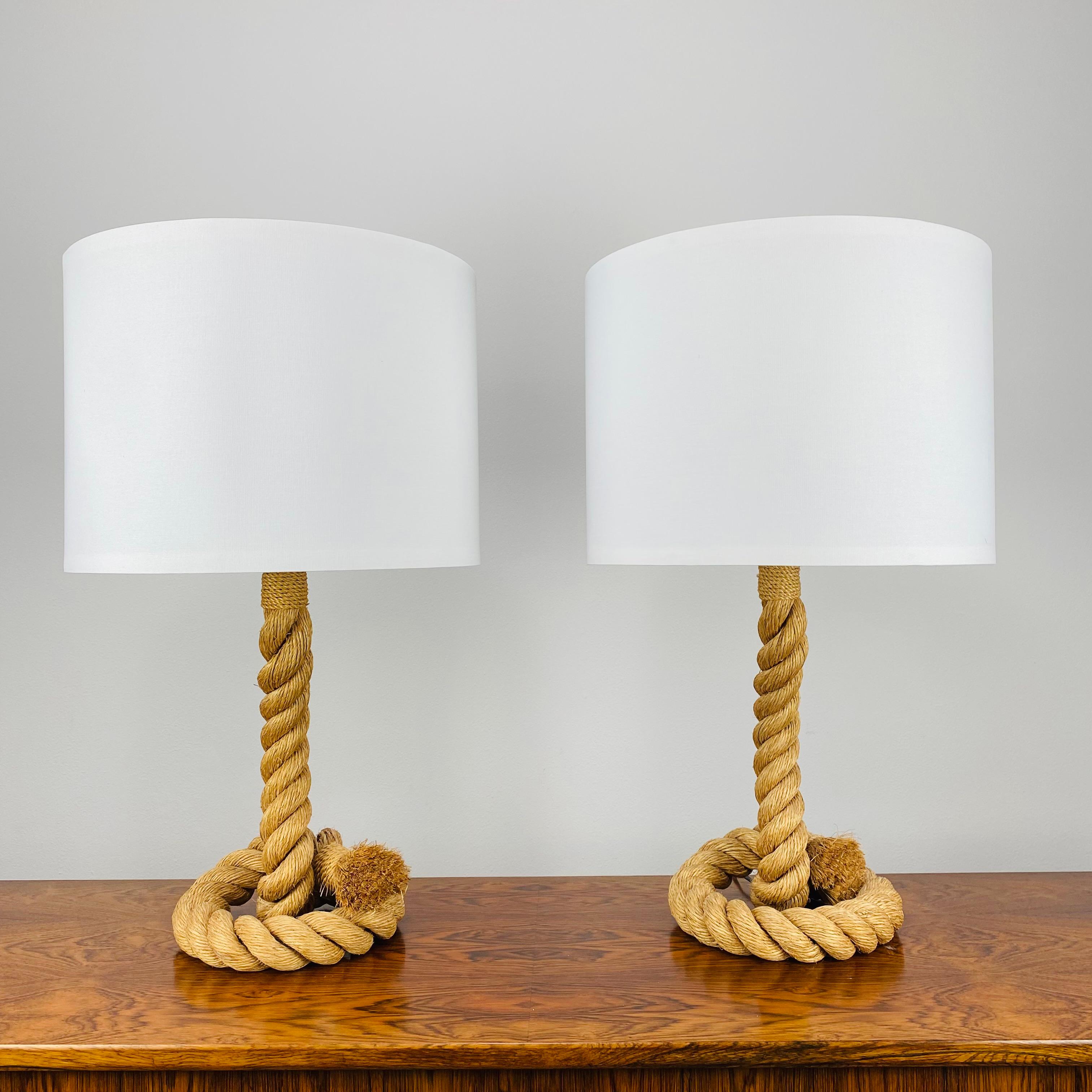 Pair of 1970's cord lamps in the style of Adrien Audoux and Frida Minet. 
New lampshades, french electrification. 

Measurements : total height 71,5 cm, total width 42 cm, height without lampshades 47 cm, width without lampshades 25 cm.