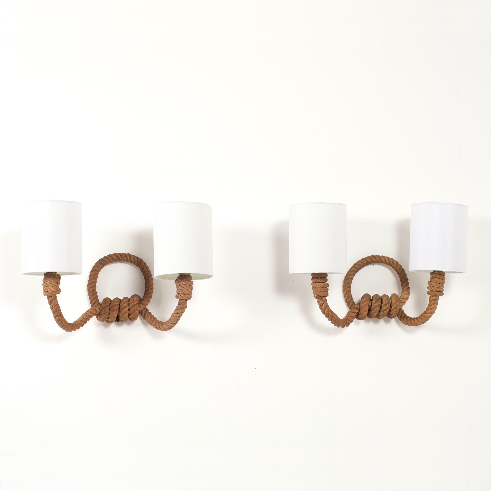 Mid-Century Modern Audoux-Minet Pair of Two Lights Rope Sconces, France, 1950 For Sale