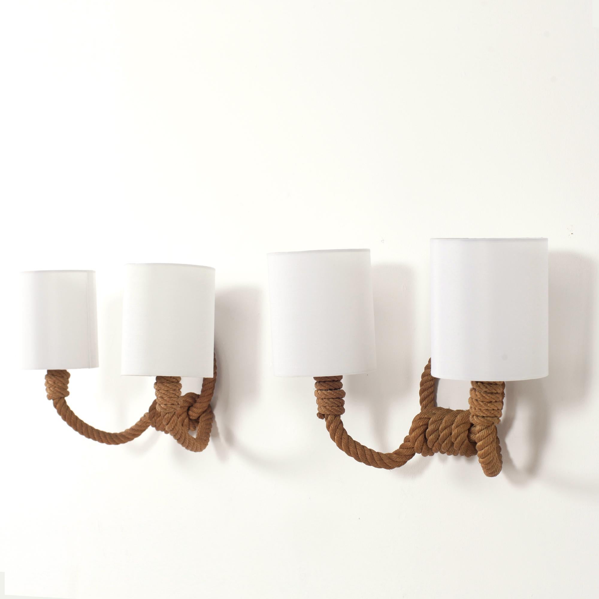 French Audoux-Minet Pair of Two Lights Rope Sconces, France, 1950 For Sale
