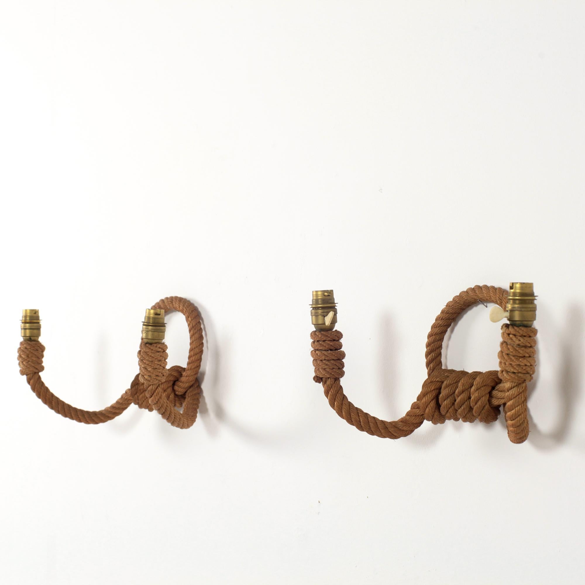 20th Century Audoux-Minet Pair of Two Lights Rope Sconces, France, 1950 For Sale