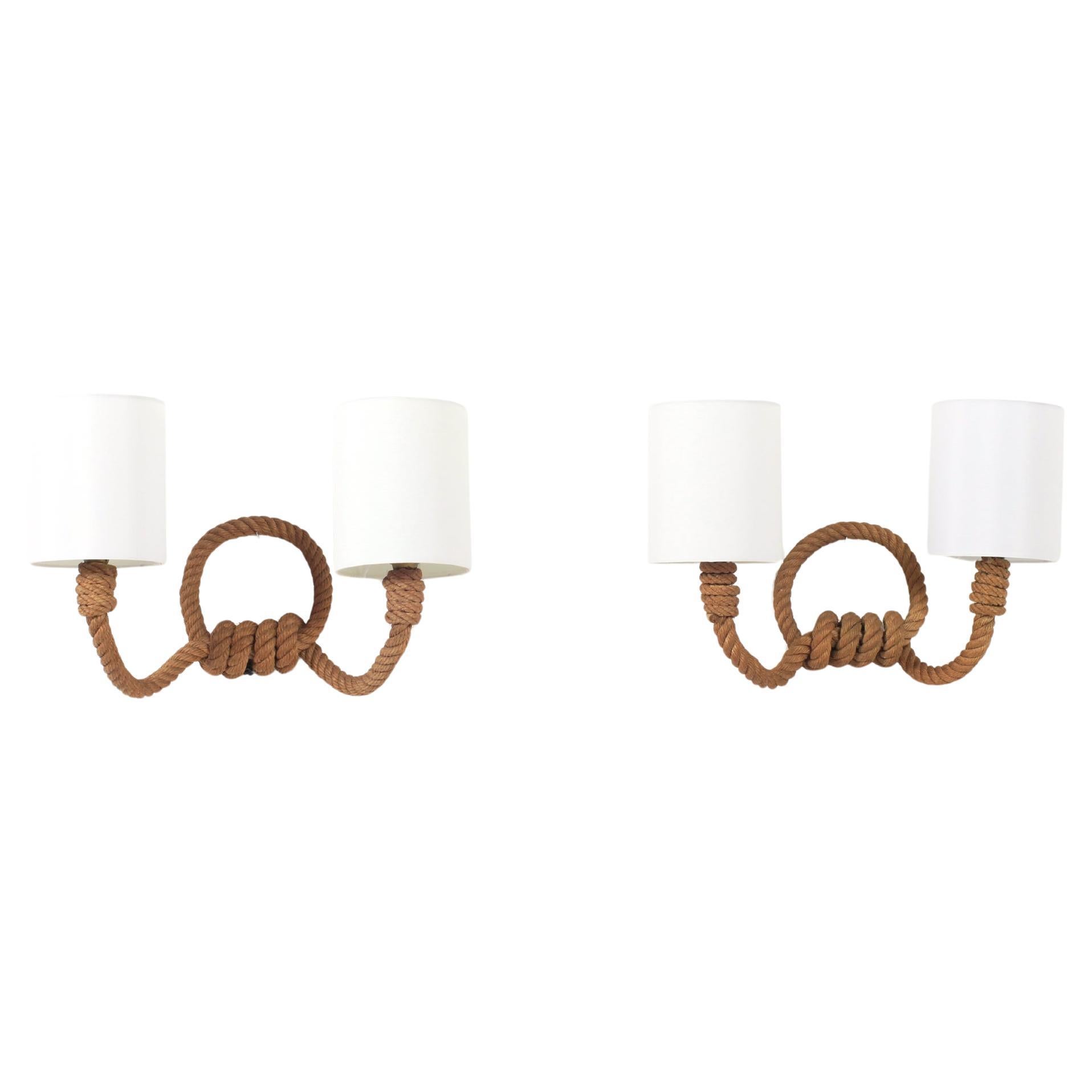 Audoux-Minet Pair of Two Lights Rope Sconces, France, 1950 For Sale