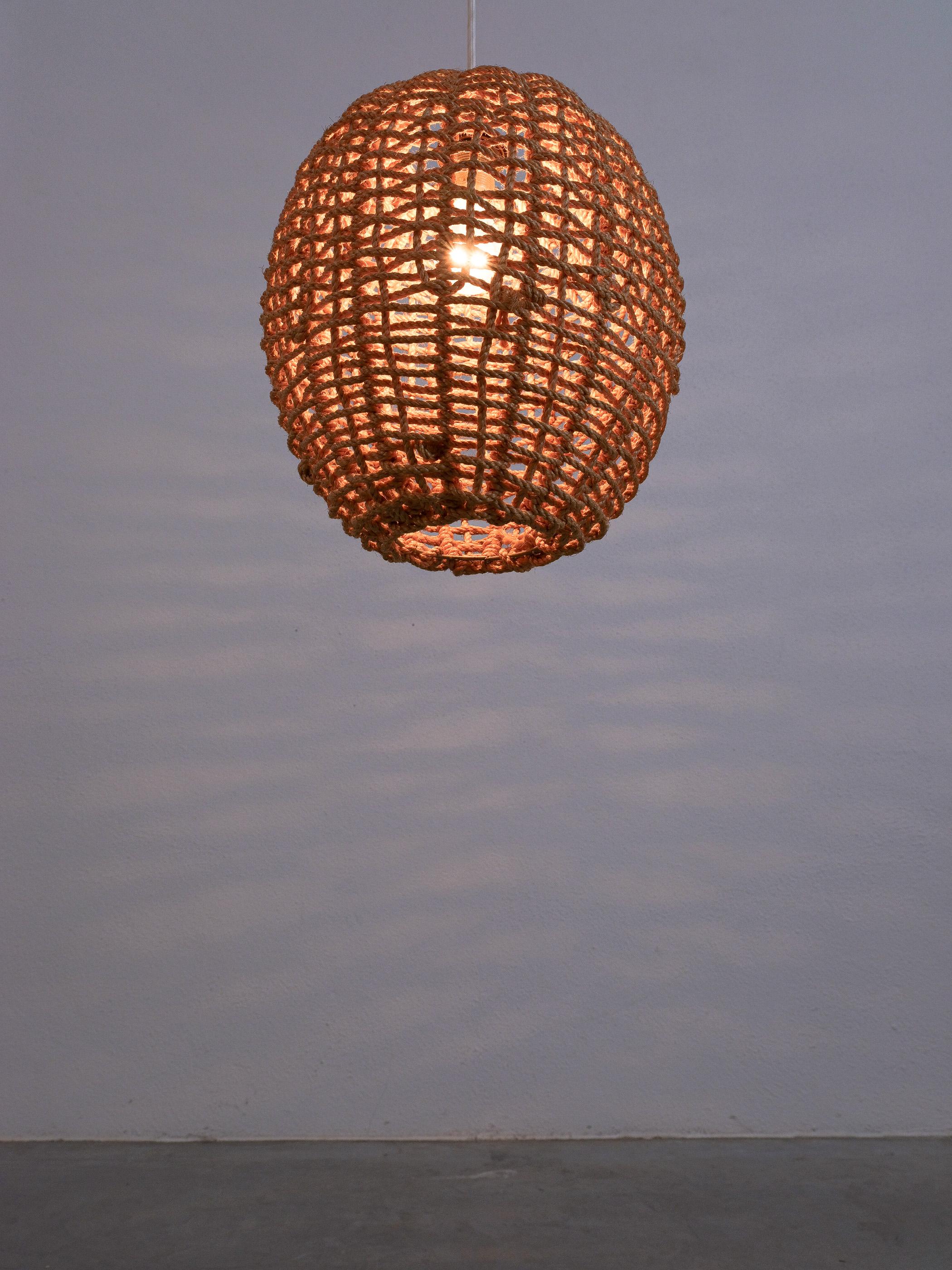 Mid-Century Modern Audoux Minet Pendant Lamp Made from Rope and Brass, France, 1950 For Sale