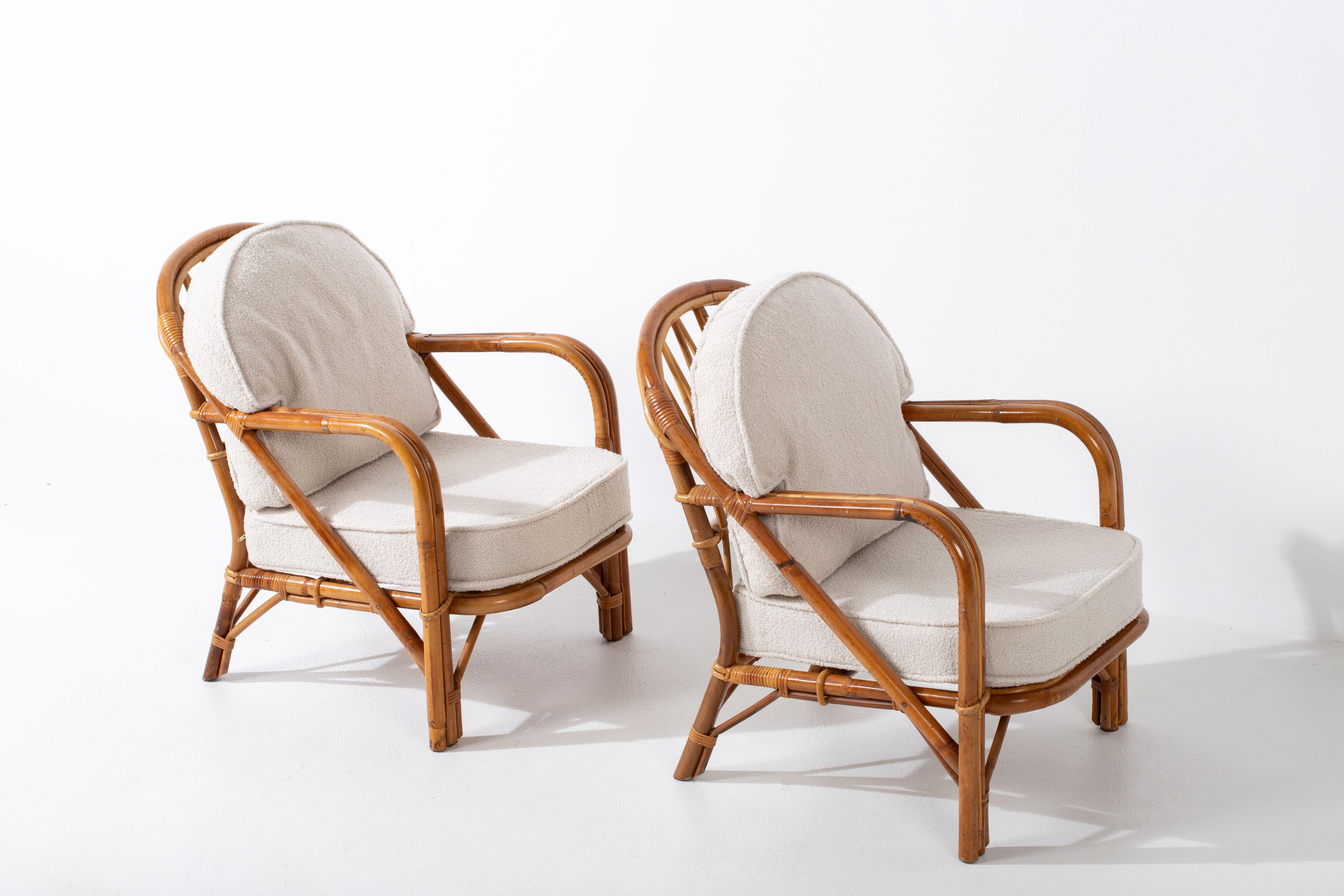 Ensemble de fauteuils en rotin Audoux-Minet - Tissu bouclé - France 1960 en vente 2