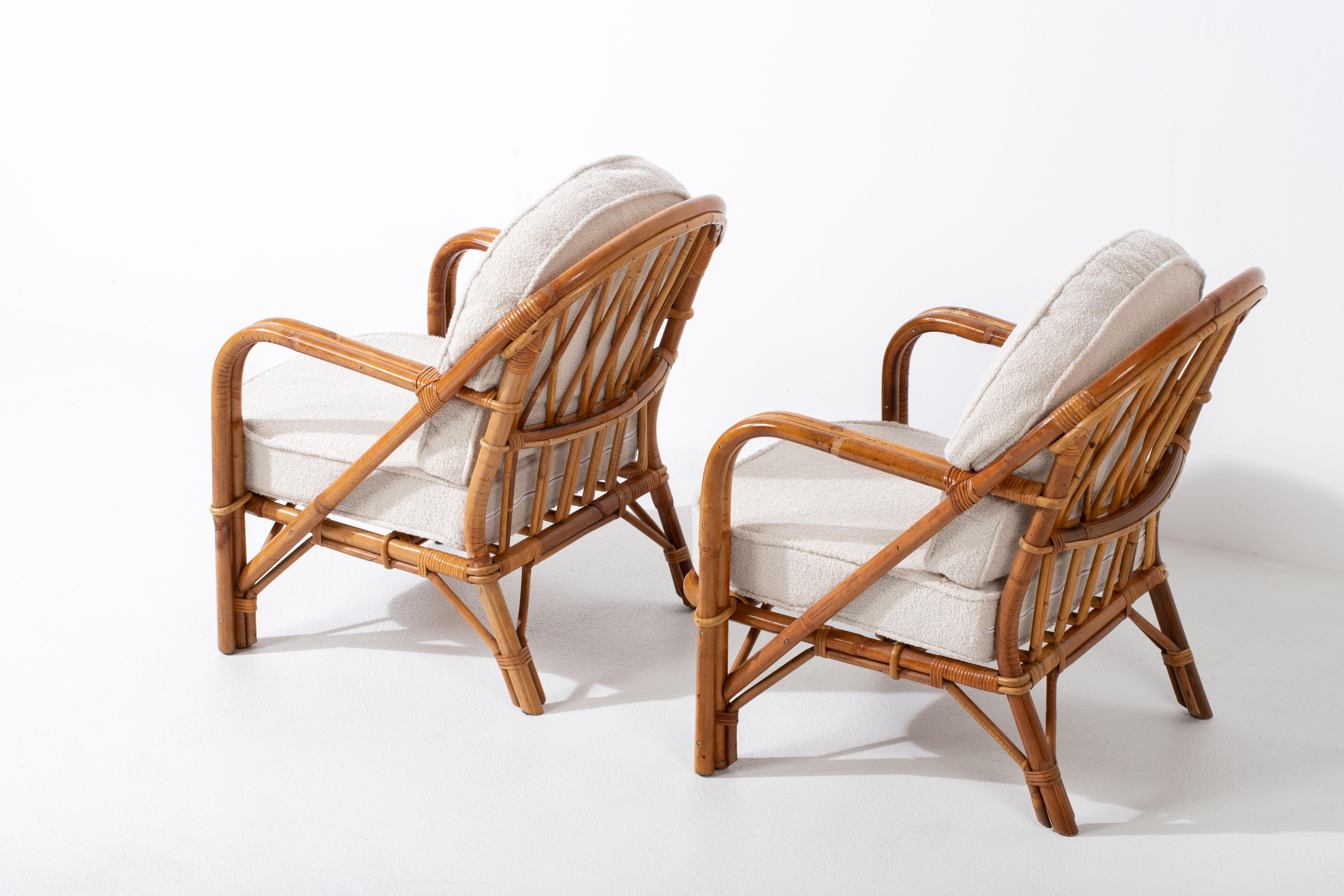 Rotin Ensemble de fauteuils en rotin Audoux-Minet - Tissu bouclé - France 1960 en vente