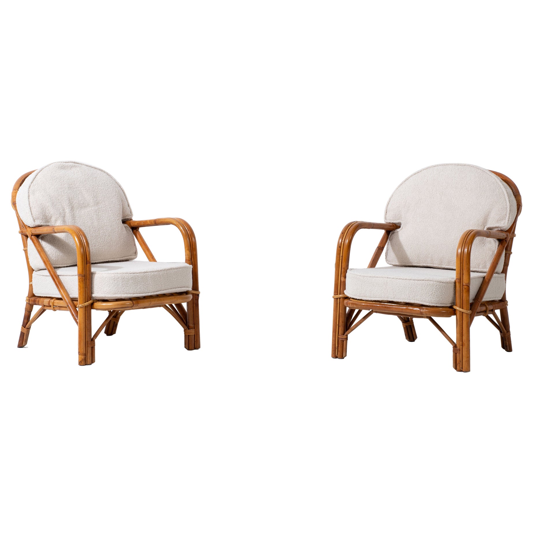 Conjunto de sillón de ratán Audoux-Minet - Tejido Bouclé - Francia 1960