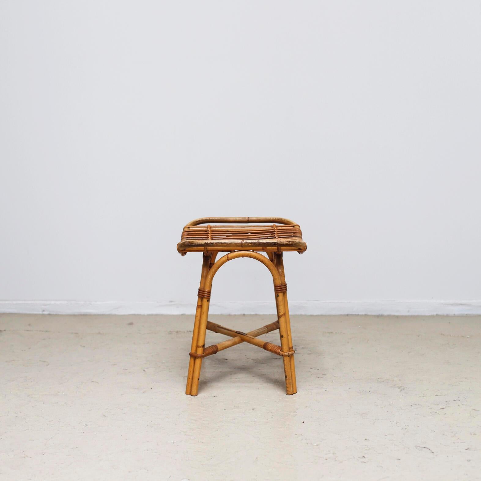 Audoux Minet Rattan Low Stool, 1950s, France In Good Condition In Edogawa-ku Tokyo, JP