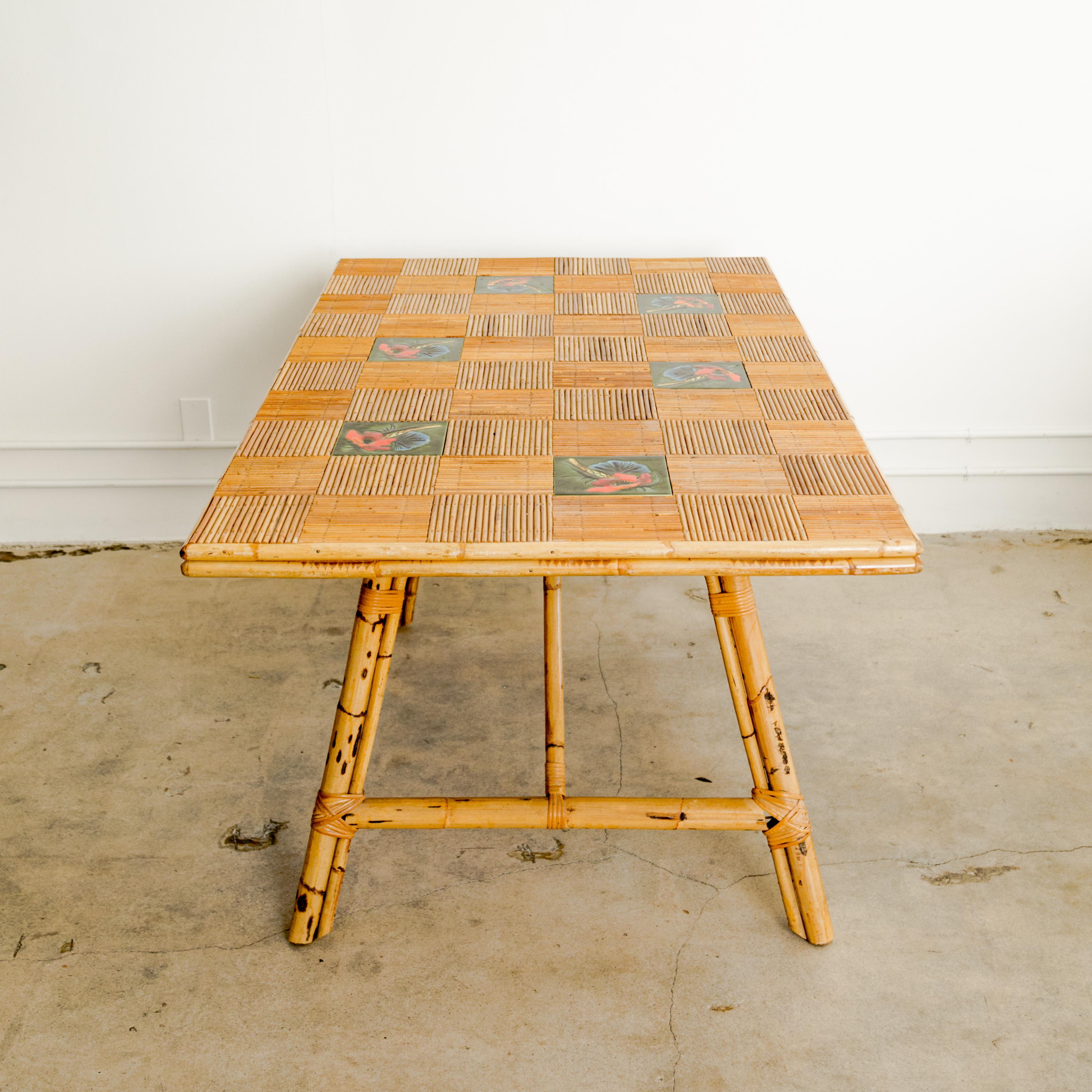 French Audoux Minet + Roger Capron  Bamboo + Tile Dining Table For Sale