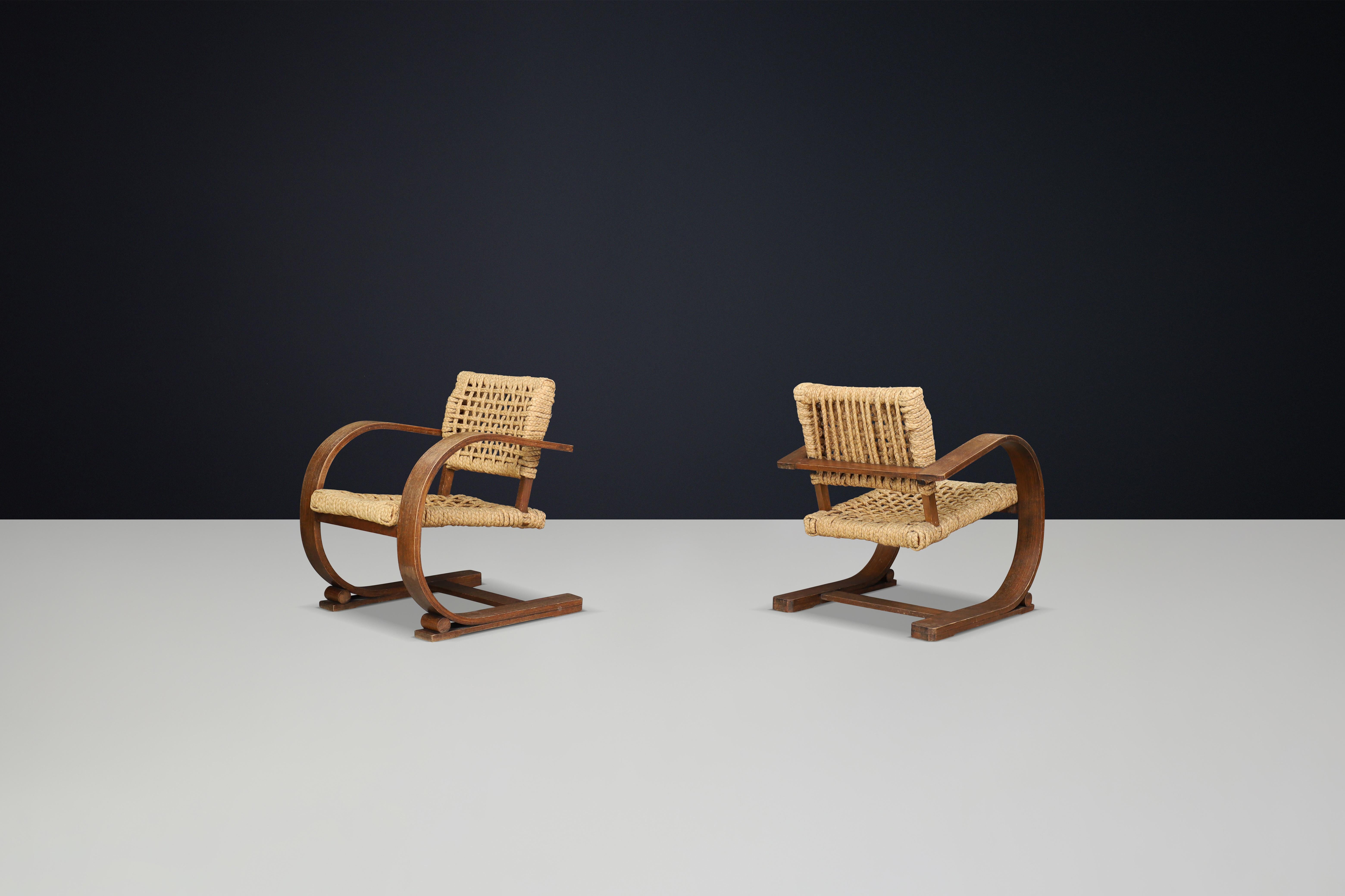 Audoux & Minet Rope and Patinated Bentwood  Armchairs for Vibo, France 1940s 4