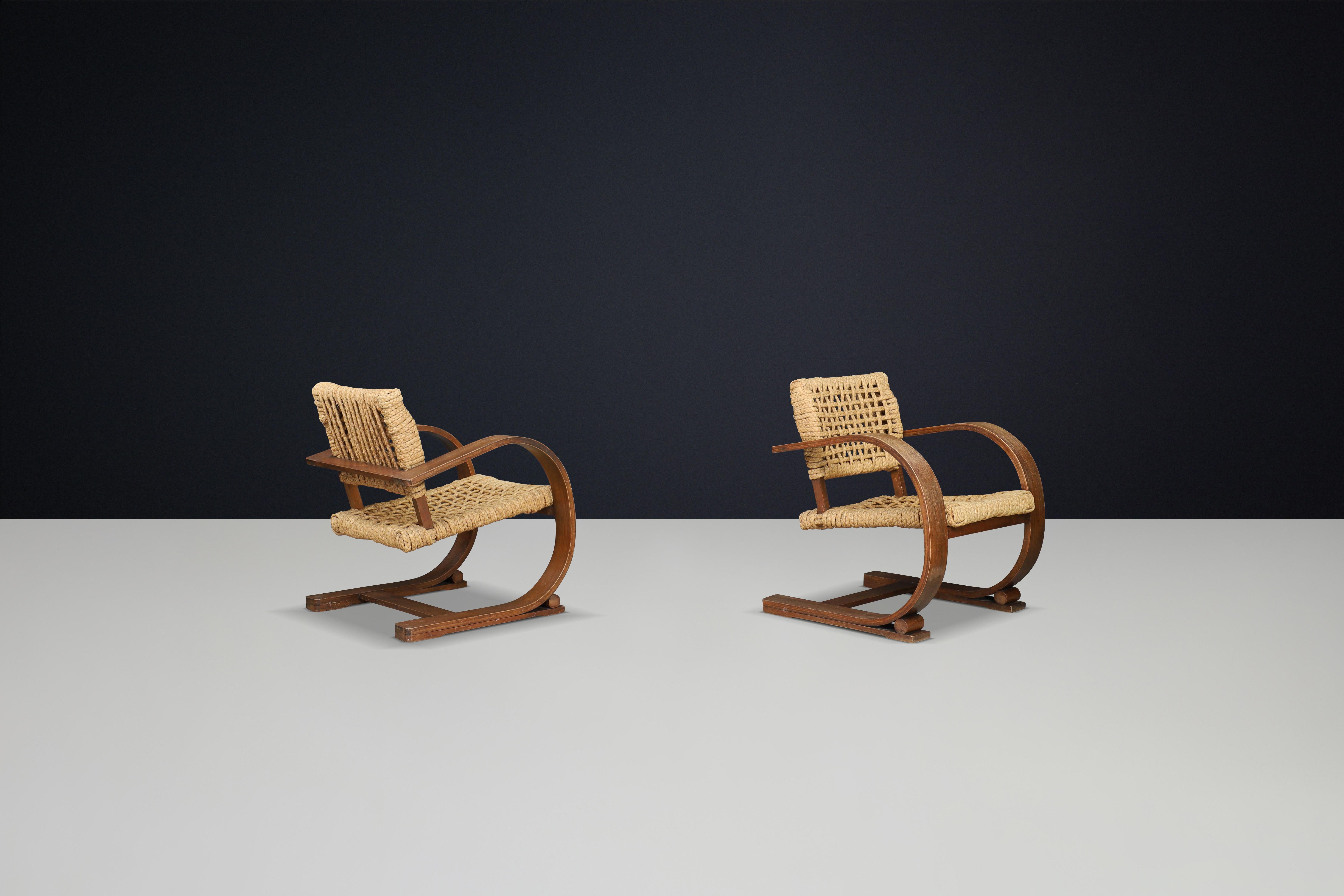 Mid-Century Modern Audoux & Minet Rope and Patinated Bentwood  Armchairs for Vibo, France 1940s
