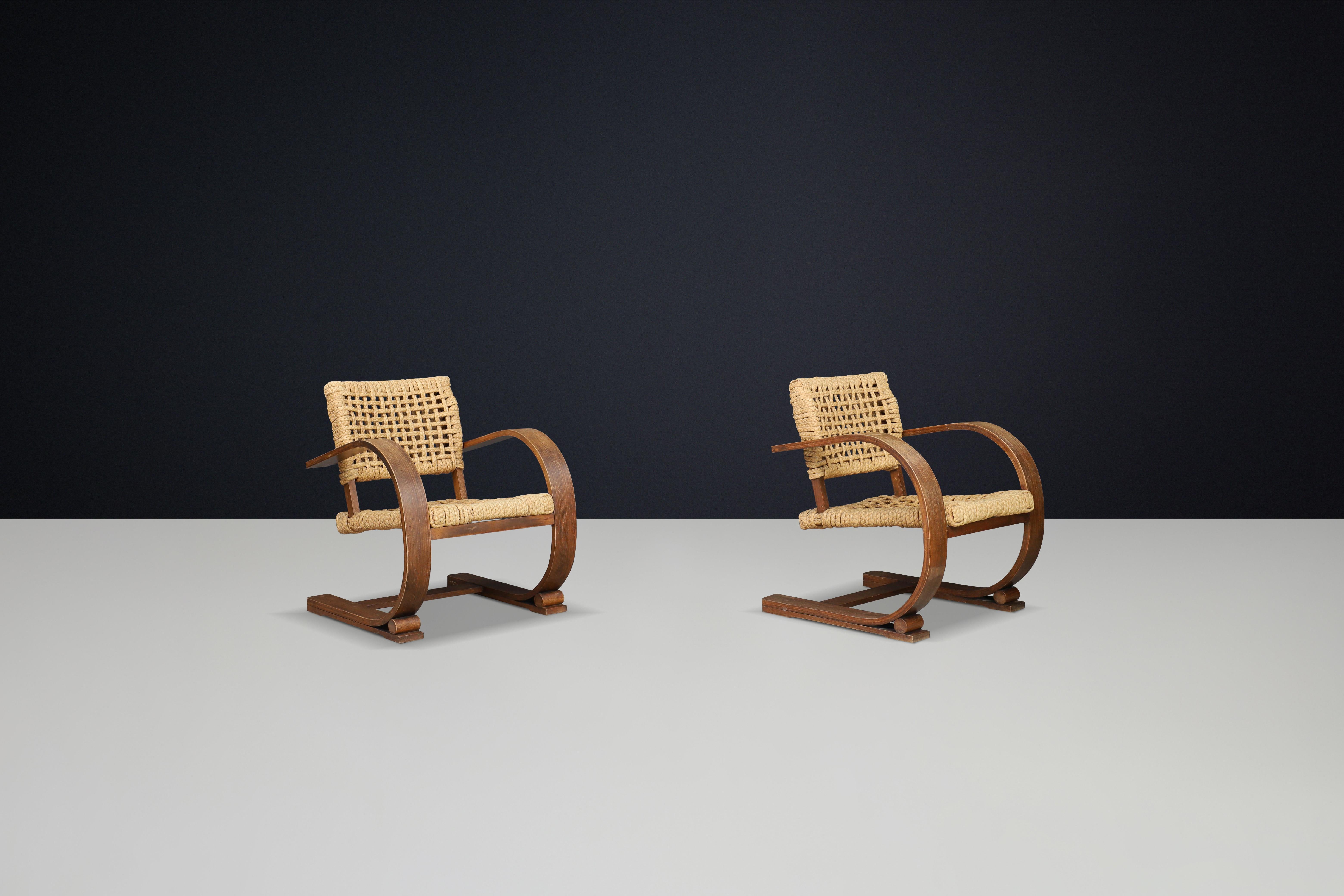 French Audoux & Minet Rope and Patinated Bentwood  Armchairs for Vibo, France 1940s