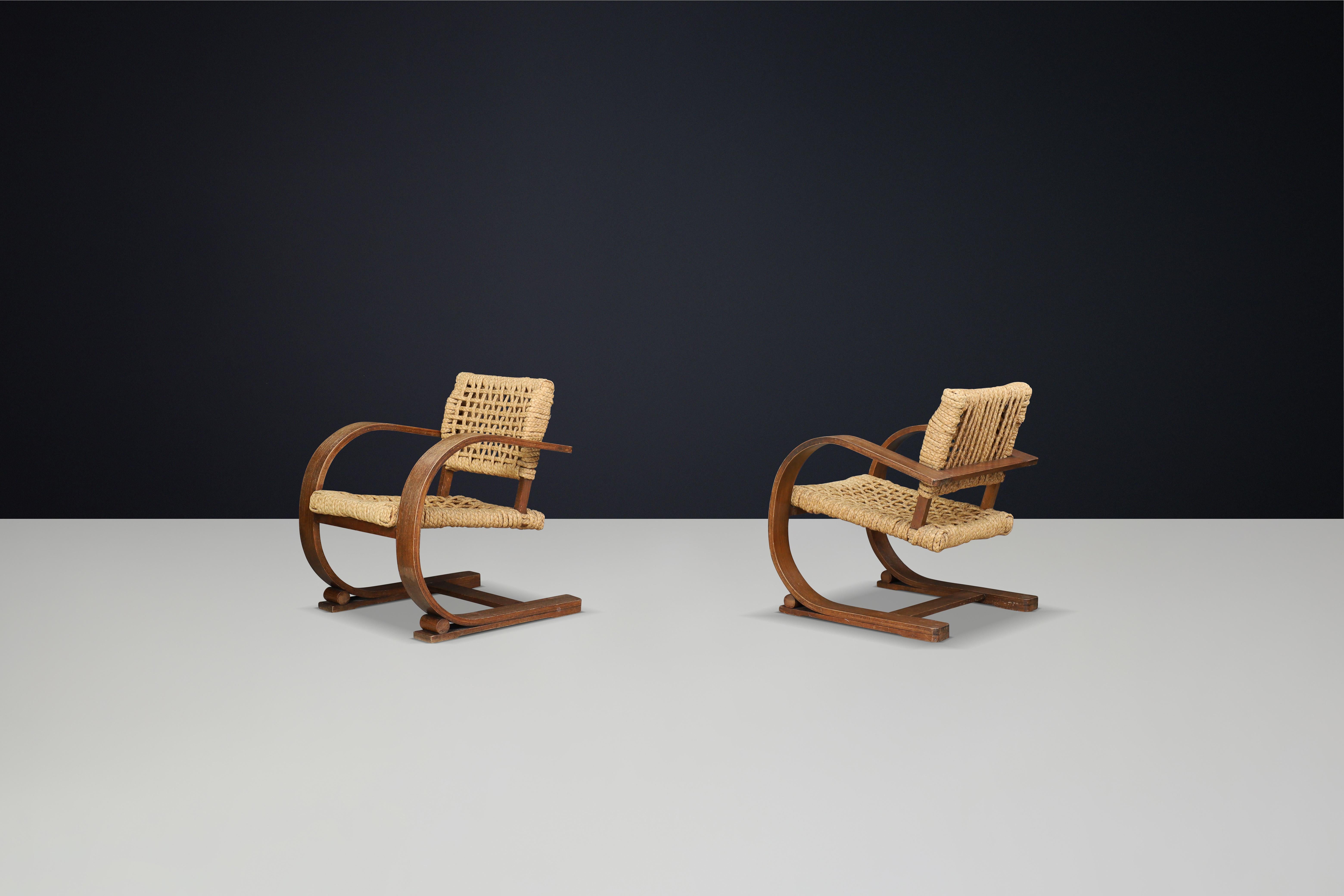Audoux & Minet Rope and Patinated Bentwood  Armchairs for Vibo, France 1940s In Good Condition In Almelo, NL