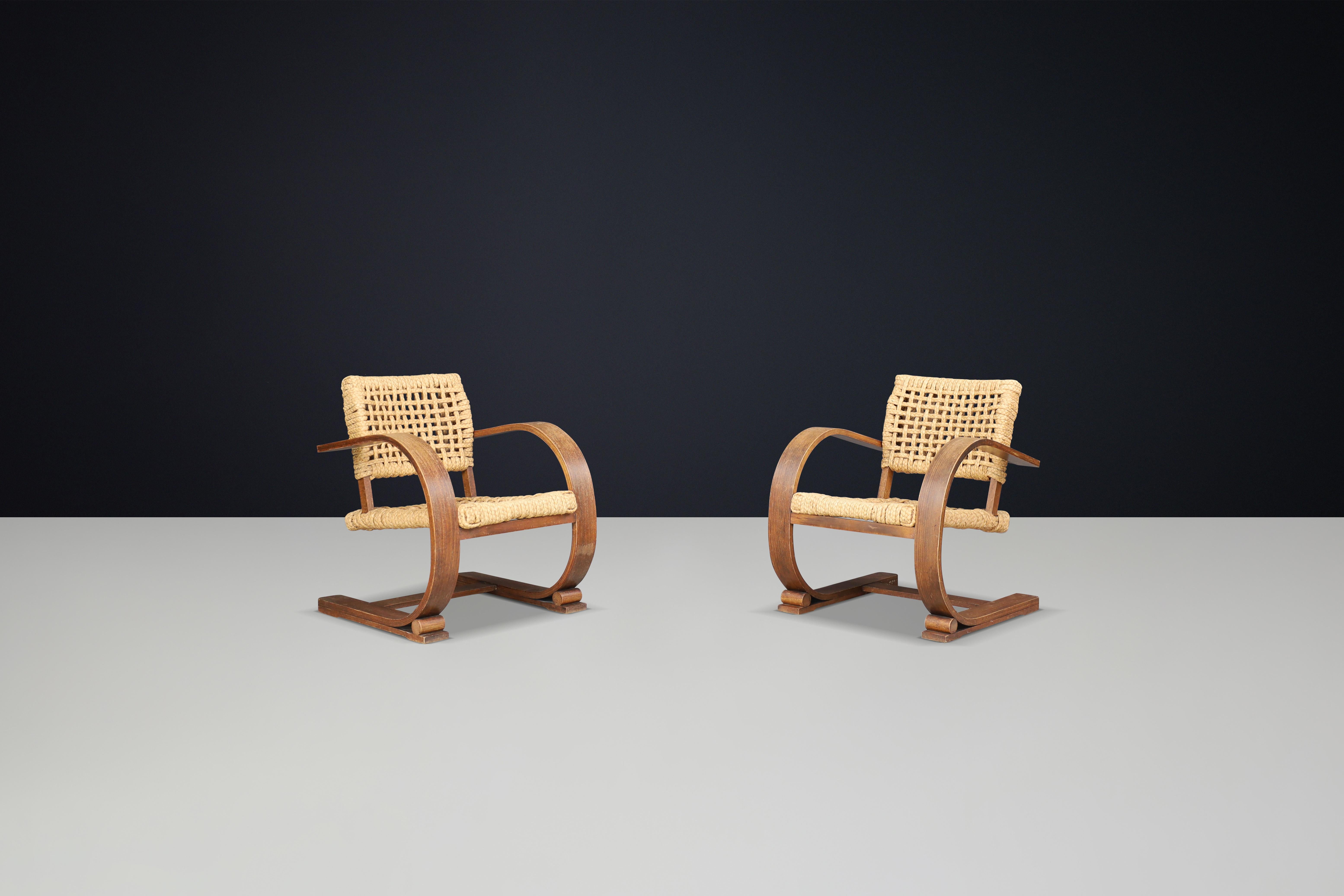 20th Century Audoux & Minet Rope and Patinated Bentwood  Armchairs for Vibo, France 1940s