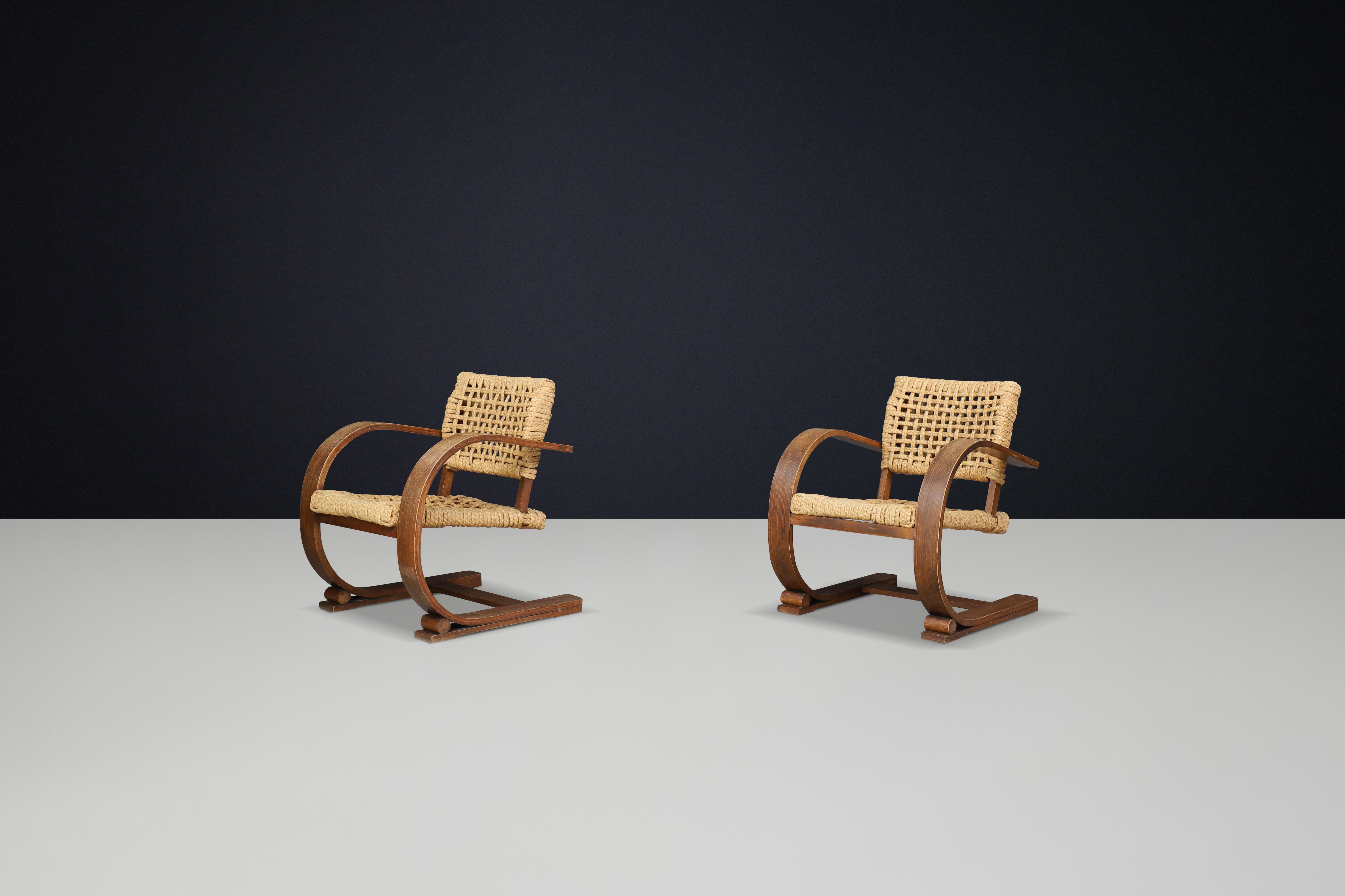 Audoux & Minet Rope and Patinated Bentwood  Armchairs for Vibo, France 1940s 1