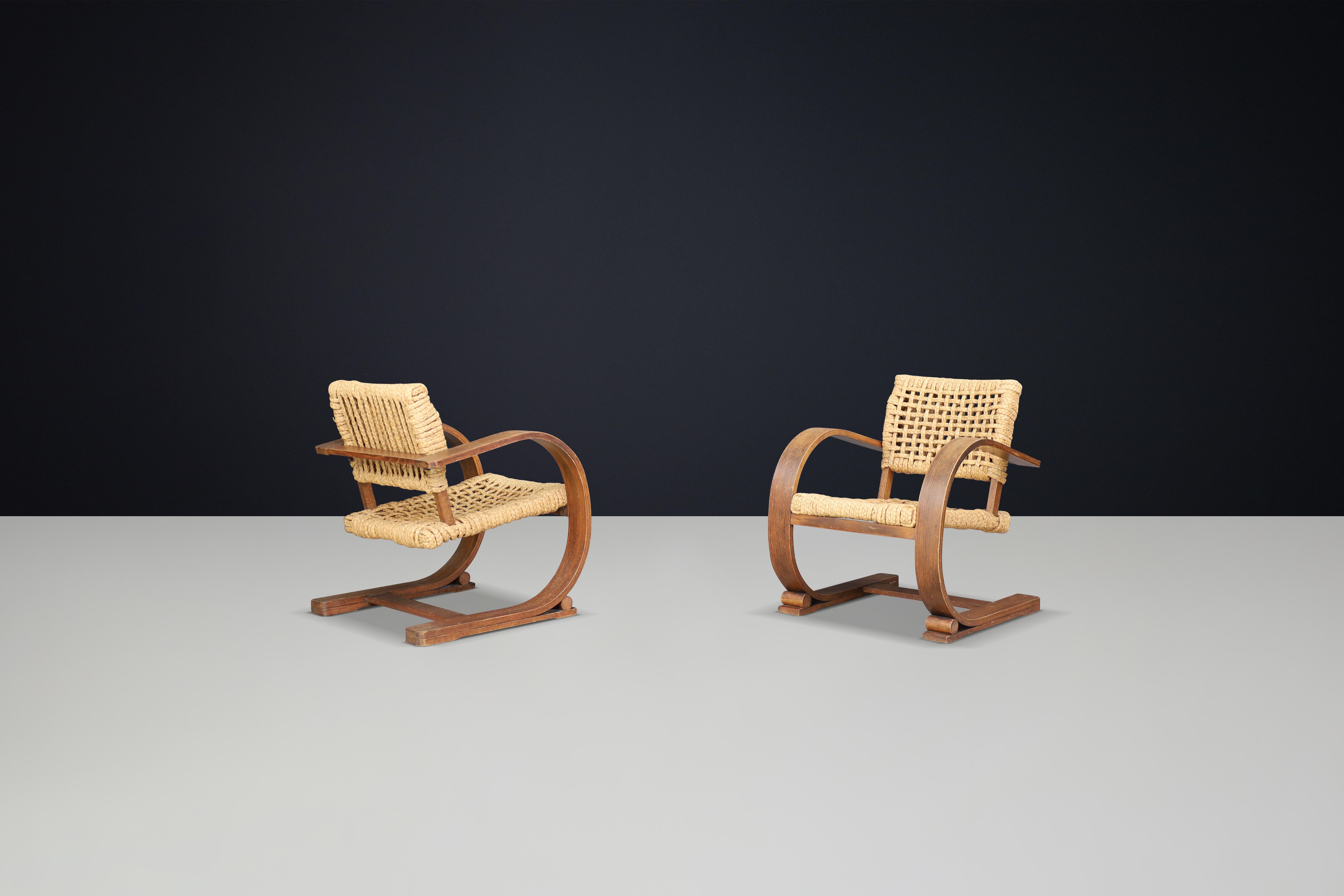 Audoux & Minet Rope and Patinated Bentwood  Armchairs for Vibo, France 1940s 3
