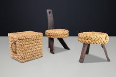 Audoux Minet Rope Chair, Stool & Basket, France, 1960s Set
