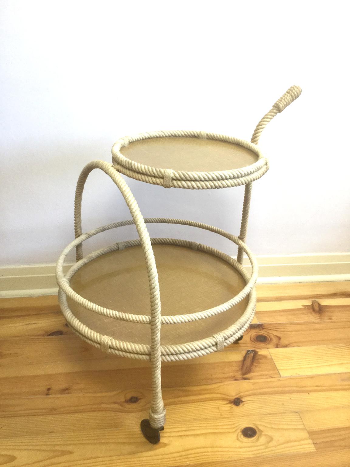 Adrien Audoux et Frida Minet rope and fiber glass drink trolley 
Manufactured by Vibo France
Frame is made of rope braided with two fiberglass trays on wheels.