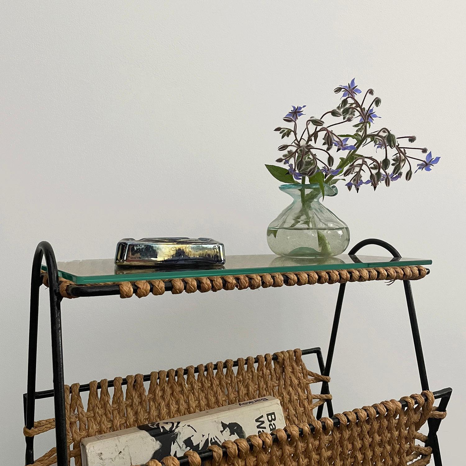 French Audoux Minet Rope & Iron Magazine Side Table  For Sale