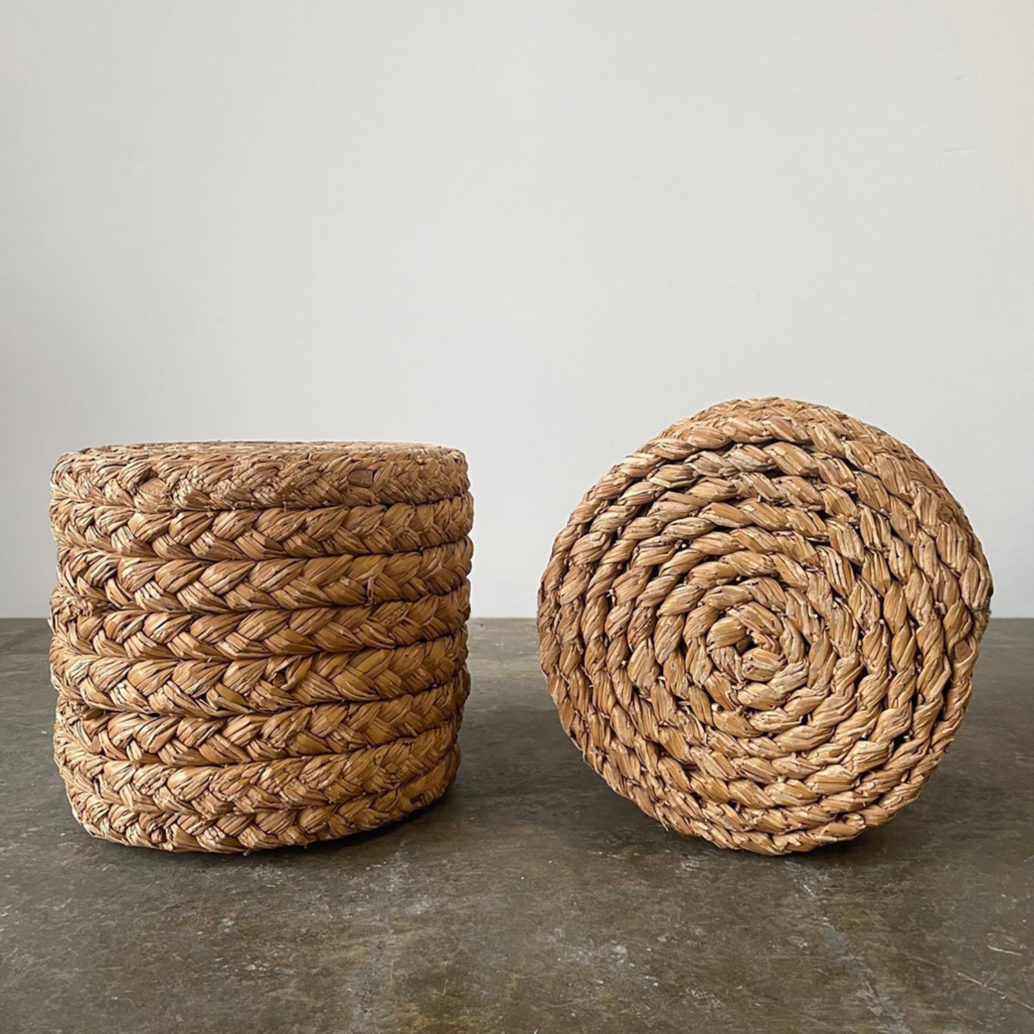 Adrien Audoux & Frida Minet rope stool
France, circa 1950s
Braided seagrass is carefully coiled around a heavyweight base
Secured with aged wooden pegs and finished with metal banding on the ends
Patina from age and use
This listing is for a single