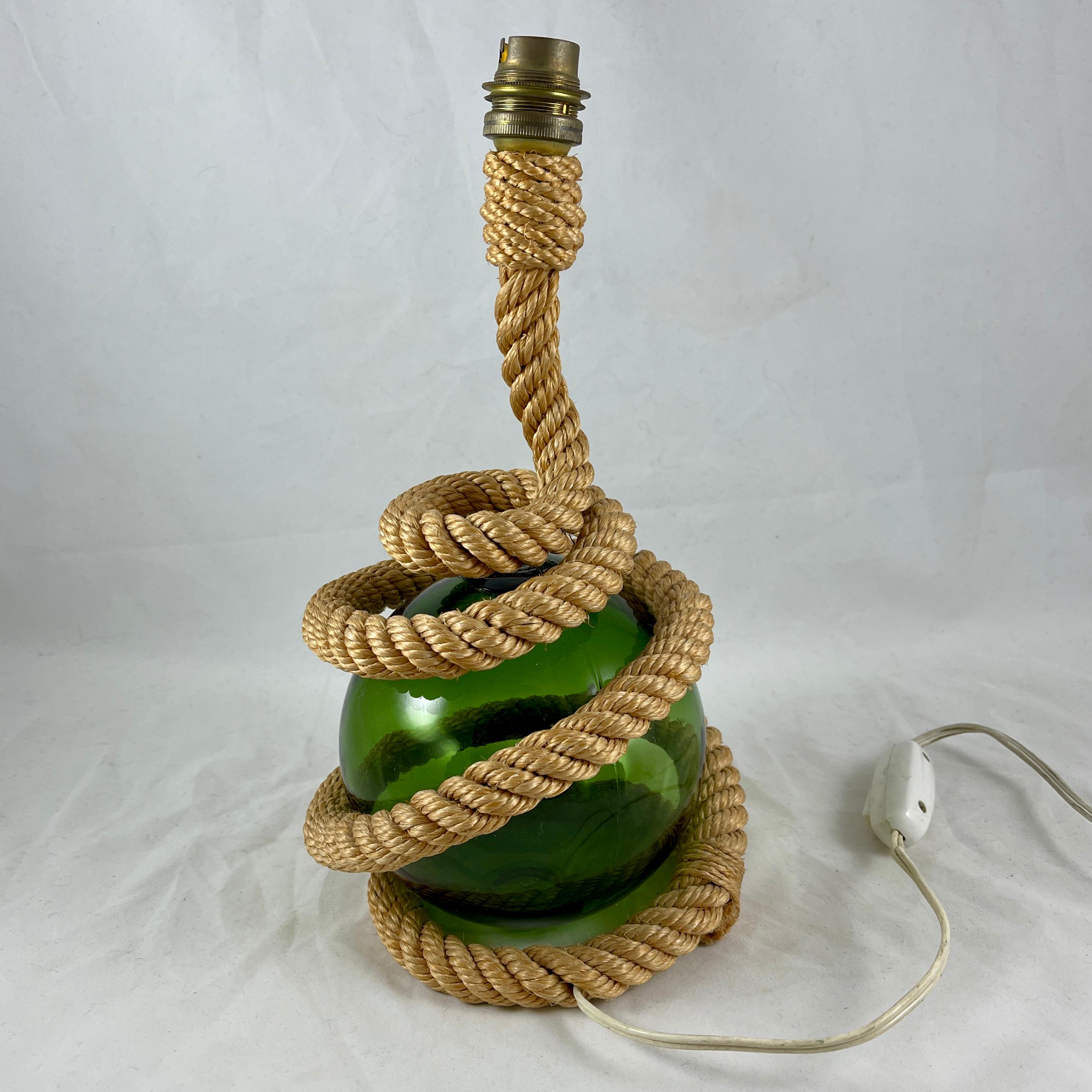 20th Century Audoux Minet Rustic Nautical Rope & Green Glass Ball Table Lamp, circa 1960 For Sale