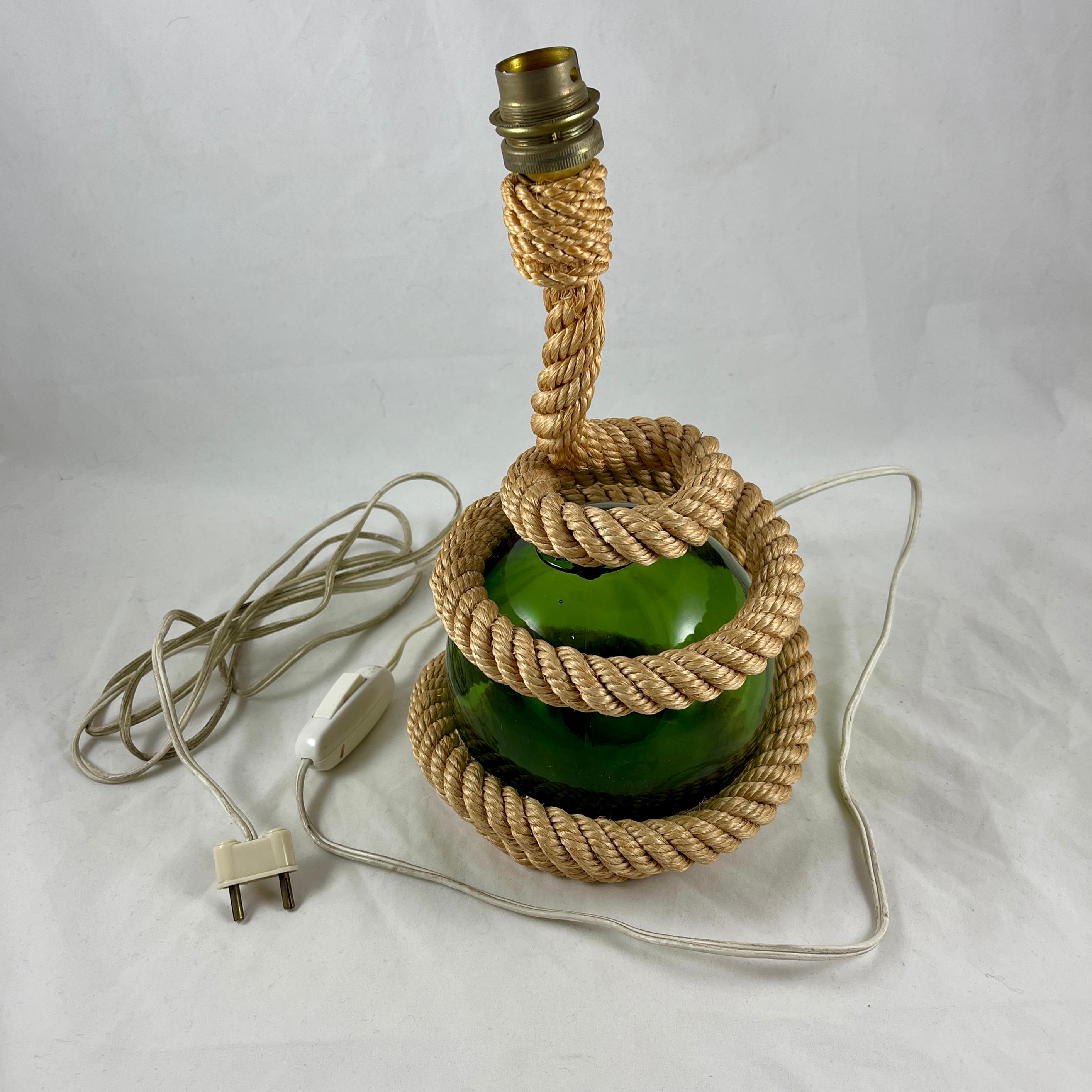 Audoux Minet Rustic Nautical Rope & Green Glass Ball Table Lamp, circa 1960 For Sale 1